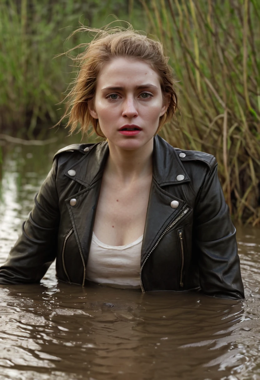 Night, dramatic lighting, (the ritual of the sacrifice of a woman), a mature woman, a pale face, in jeans and a leather jacket, drowning in a swamp, mud around, helplessness+vulnerable, looking into the eyes
