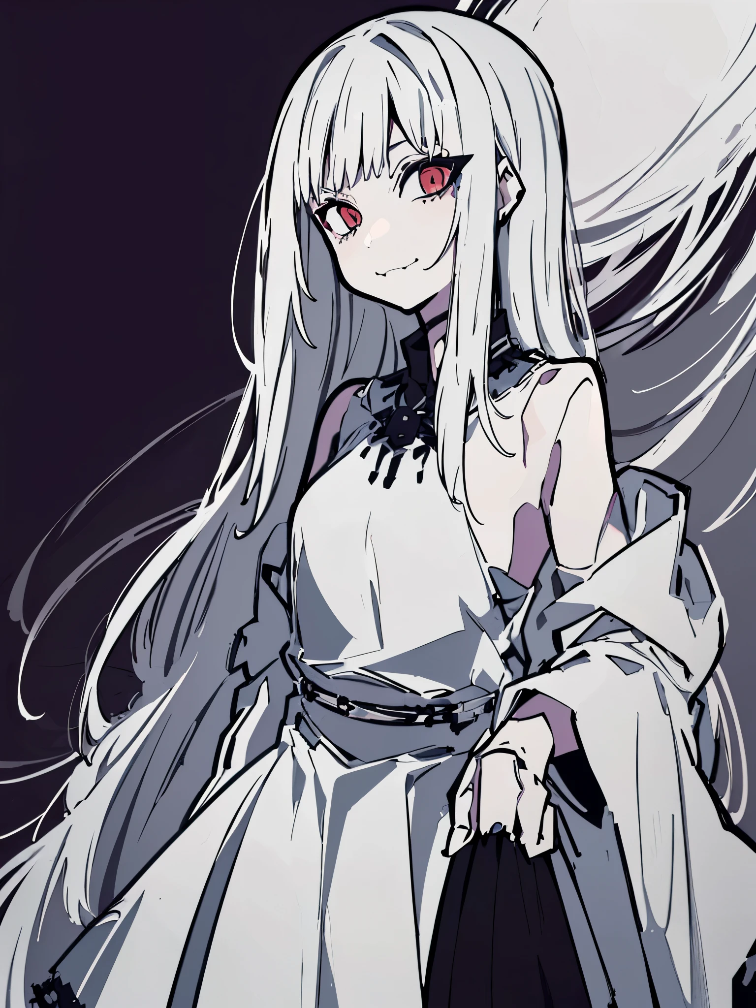 (Gothic),(Gothic Clothes),style of painting,(empty background),((Flat chest)),(Front Portrait), (Black and whature Women,((Microthorax)),(High cold),Hey, hey, smile,monochrome, blank stare, dead fish eyes, cool beauty,half lidded eyes, indifferent expression, black and white portrait, bored, impassive, loner,(Alone),Wispy bangs,Textured straight,Above the waist,((White Hair)),(Red Pupil),((White Dress)),Shirt,Wispy bangs