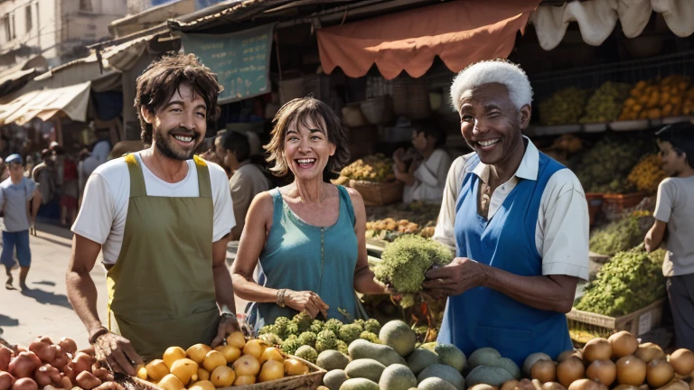 Lora and here man speaking happily with the people in the market behind them someone selling vegetables 