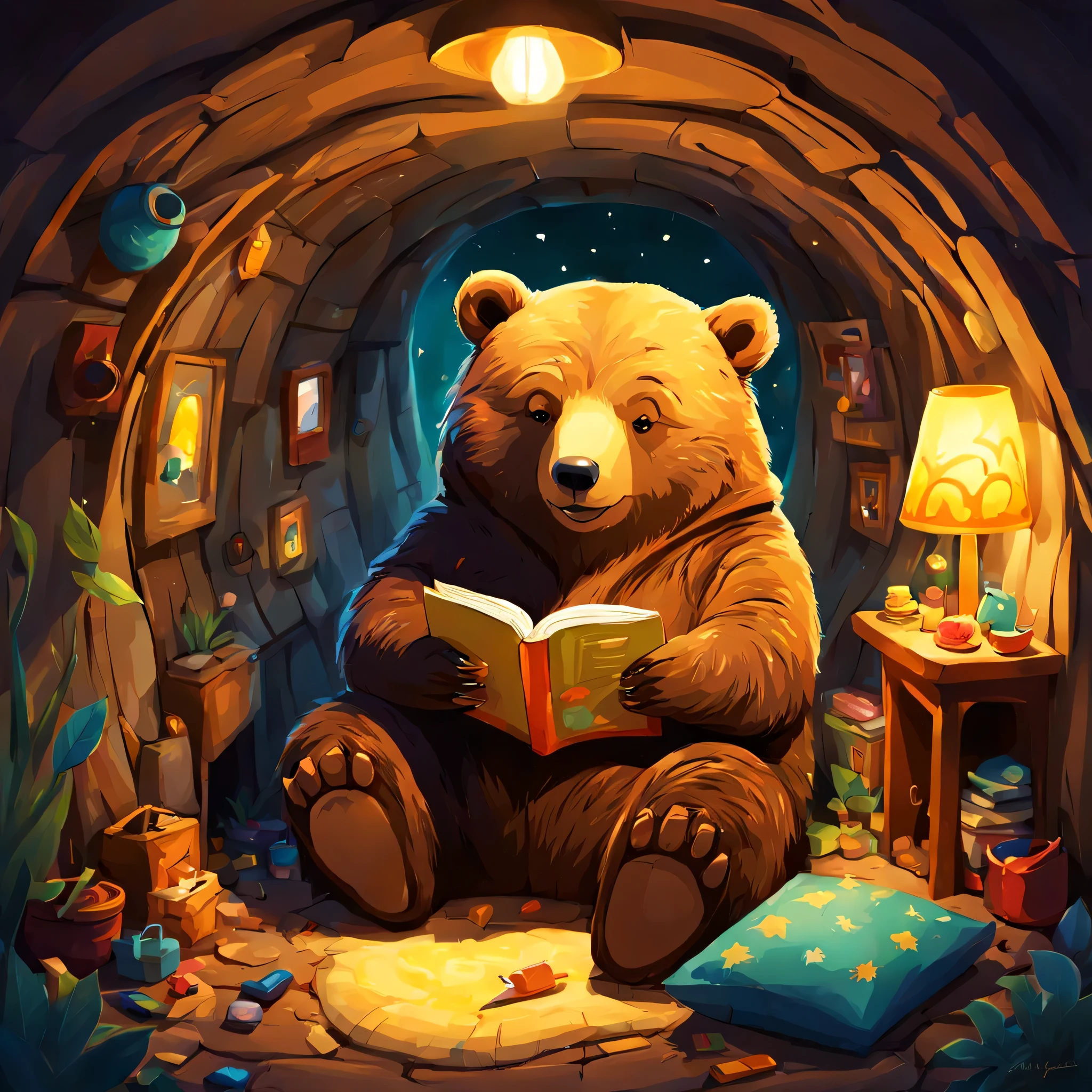 cuteAn illustration,underground:endures:In the hole,bear family:animal:hibernating:cute:nestle:sleep:comfortable and warm:looks happy,An illustration,pop,colorfulに,draw with thick lines,color,dim,lamp light,hibernatingのbear familyが眠っています:dream a happy dream,The nest is warm and full of happiness,,colorful,fancy,fantasy