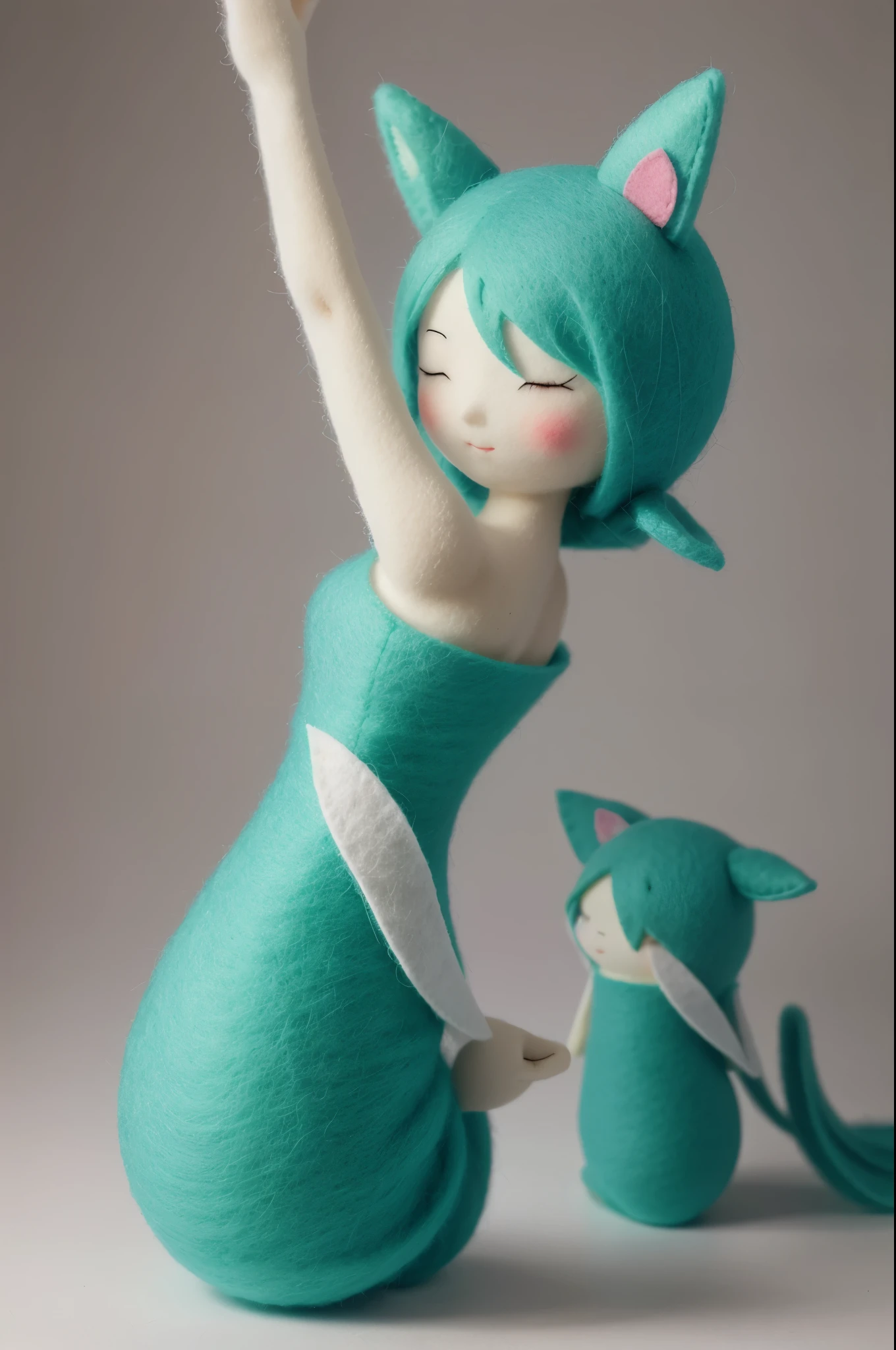 a beautiful girl,felt art,Surrealistic sculptural style,Contemporary Chinese art,Ethereal felt sculptures,light green and sky blue,cute and multiple,HD,超HD,