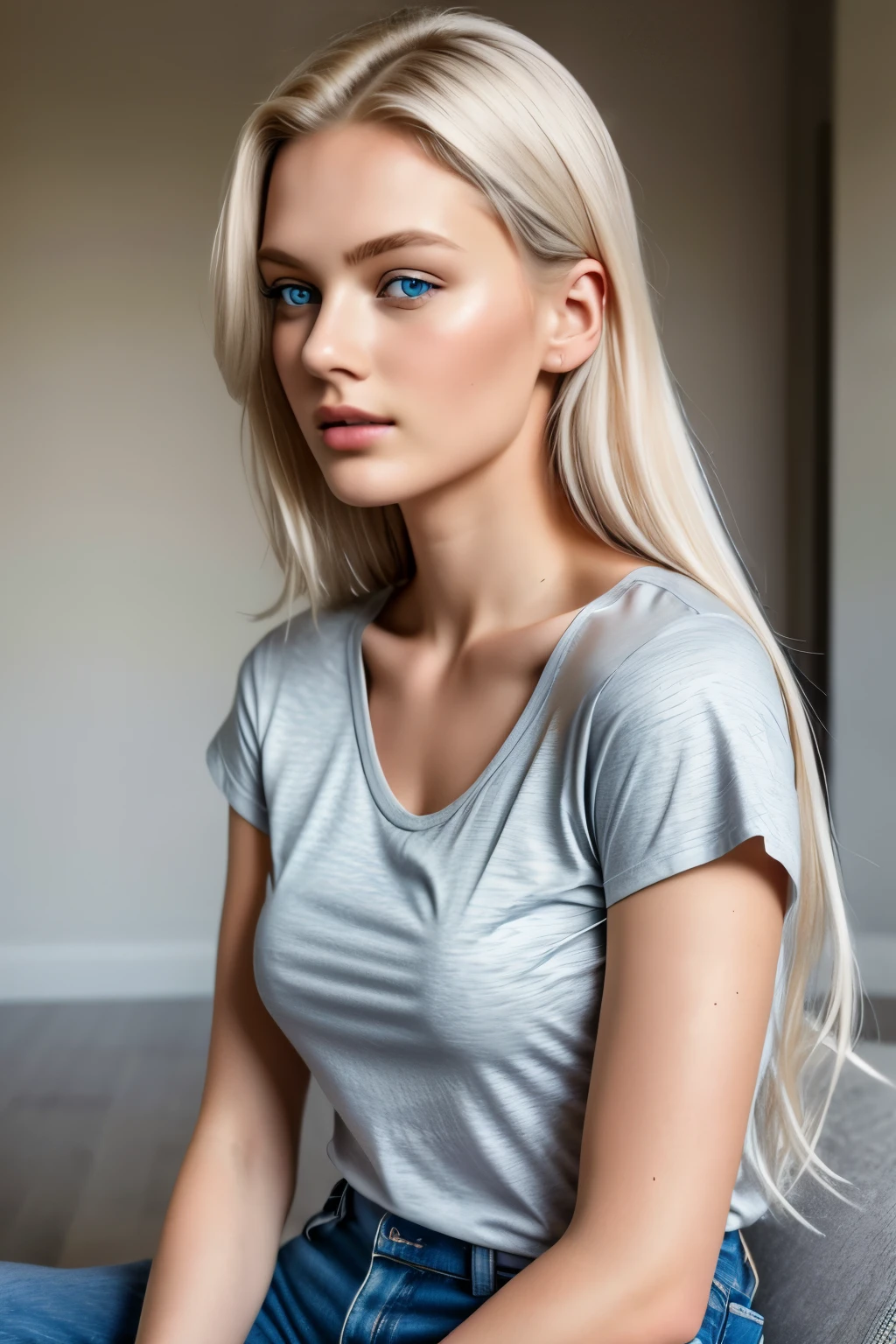 1 fille, 19 ans, cheveux longs, seins moyen, regarder la visionneuse, cheveux blond, yeux bleu gris, assise sur une chaisse, tee shirt blanc, tout le corps visible, soft light, photoshoot, ultra realistic,