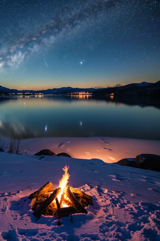 lake,winterの夜空、blazing fire,winter,campsite,landscape、snow mountain、starry sky、High resolution, 最high quality, high quality lakes,winterの夜空、blazing fire,winter,campsite,landscape、Bonfire Man,Rear view,starry sky、High resolution, 最high quality, high quality