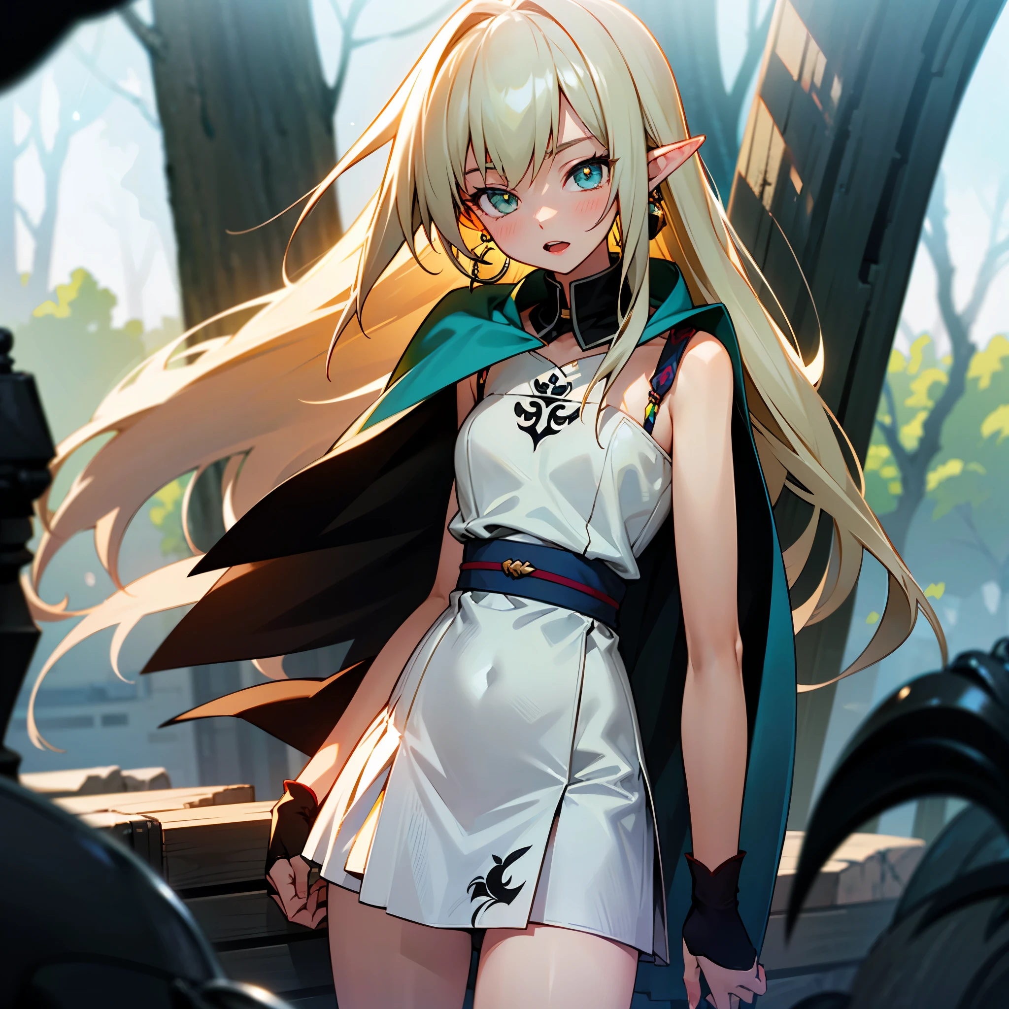 (extremely detailed fine touch:1.2), (natural light, sun light, light rays, dappled light, ray tracing:1.2), mature female , masterpiece, best quality, highly quality , ANI_CLASSIC_deedlit_ownwaifu, www.ownwaifu.com, pointy ears, blonde hair, long hair, elf, circlet, green eyes, long pointy ears, very long hair, breasts, medium breasts, earrings, lips, makeup, bangs, cape, armor, blue cape, shoulder armor, pauldrons, gloves, breastplate, belt, green dress, short dress, looking at viewer, blush, open mouth, standing, (Masterpiece, extremely detailed CG, sharp line),deedlit, offcial art, Colorful, Beautiful Japanese anime style,Extremely detailed eyes and face,Sharp pupils,realistic pupil,In the woods、cabellos largos dorados,ears of elf,Black lace panties,Slender thighs, varies multi etc. --v 6 --s 1000 --c 20 --q 20 --chaos 100