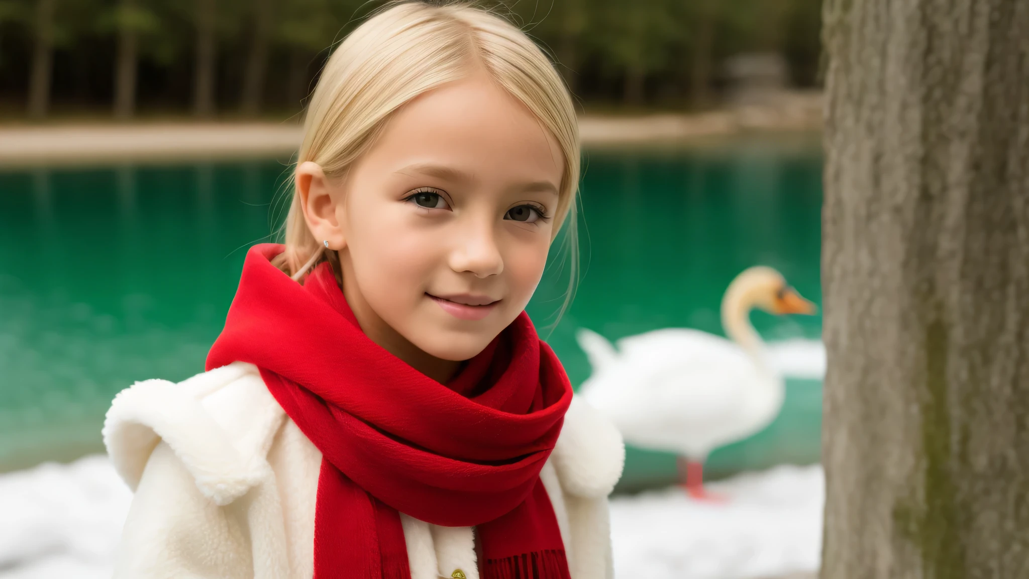 BLONDE 10 YEAR OLD , with red scarf, Asas de Anjo, cisne-negro.