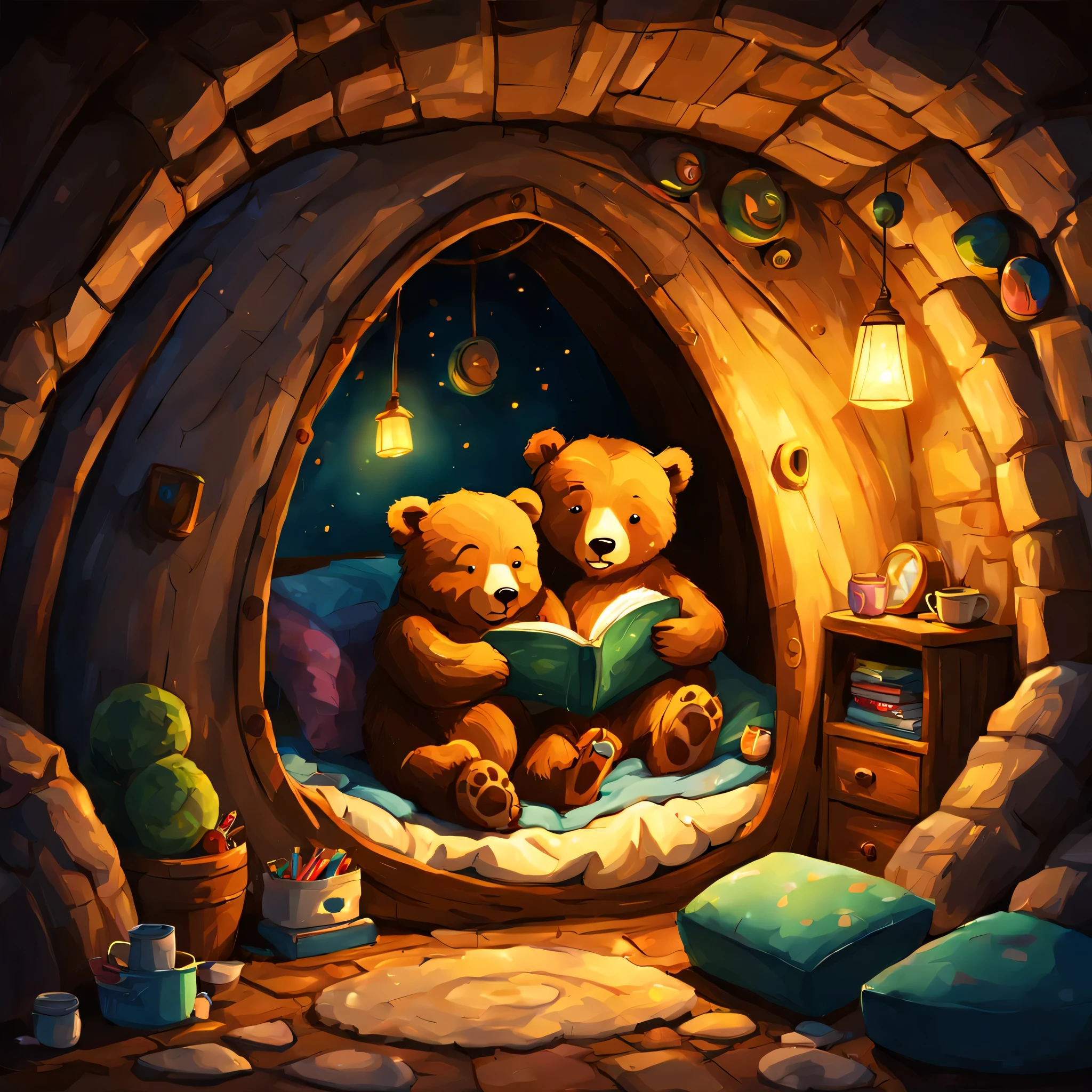 cuteAn illustration,underground:endures:In the hole,bear family:animal:hibernating,sleep,comfortable and warm,looks happy,cute,nestle,An illustration,pop,colorfulに,draw with thick lines,color,dim,lamp light,hibernatingのbear familyが眠っています:dream a happy dream,The nest is warm and full of happiness,,colorful,fancy,fantasy