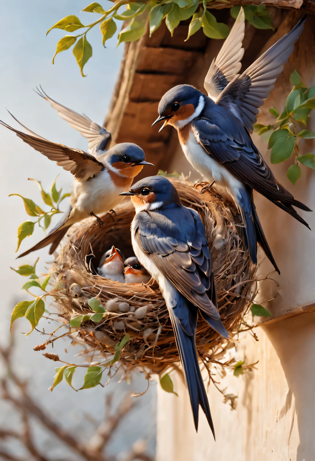 Gouache style, Beautiful detailed ，（Mother swallow is feeding the little swallow in the nest），（Two little swallows opened their tender little mouths，Fighting for the little bugs brought by mother.），The air is full of the breath of spring，Mixed with the fragrance of earth and the freshness of life，in the sun，The feathers of the little swallow shine with blue-black luster，Each piece is like a carefully polished gem，Exudes a charming light， Building a nest in a human-inhabited house，（The nest is mainly made of a mixture of mud and saliva），The nest is cup or disk shaped，（The nest has a rough appearance），Color is gray or brown，It&#39;s smoother inside，The color is slightly lighter，background：Under the eaves of a whitewashed earthen house