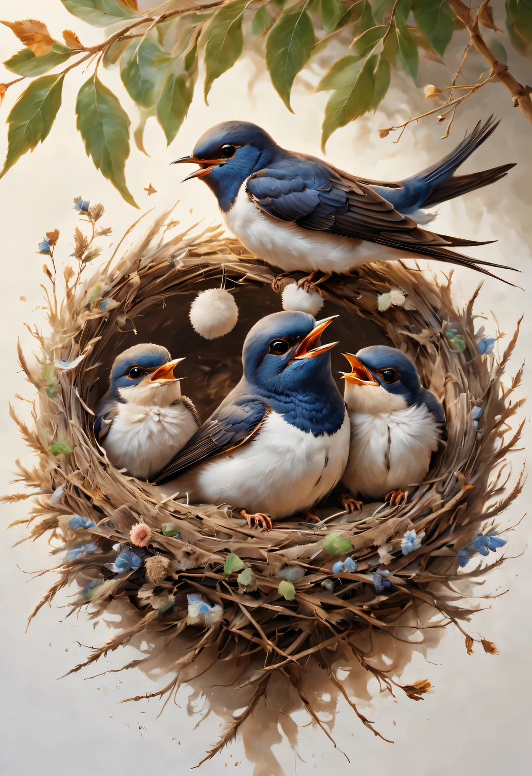 Gouache style, Beautiful detailed ，（Mother swallow is feeding the little swallow in the nest），（Two little swallows opened their tender little mouths，Fighting for the little bugs brought by mother.），The air is full of the breath of spring，Mixed with the fragrance of earth and the freshness of life，in the sun，The feathers of the little swallow shine with blue-black luster，Each piece is like a carefully polished gem，Exudes a charming light， Building a nest in a human-inhabited house，（The nest is mainly made of a mixture of mud and saliva），The nest is cup or disk shaped，（The nest has a rough appearance），Color is gray or brown，It&#39;s smoother inside，The color is slightly lighter，background：Under the eaves of a whitewashed earthen house