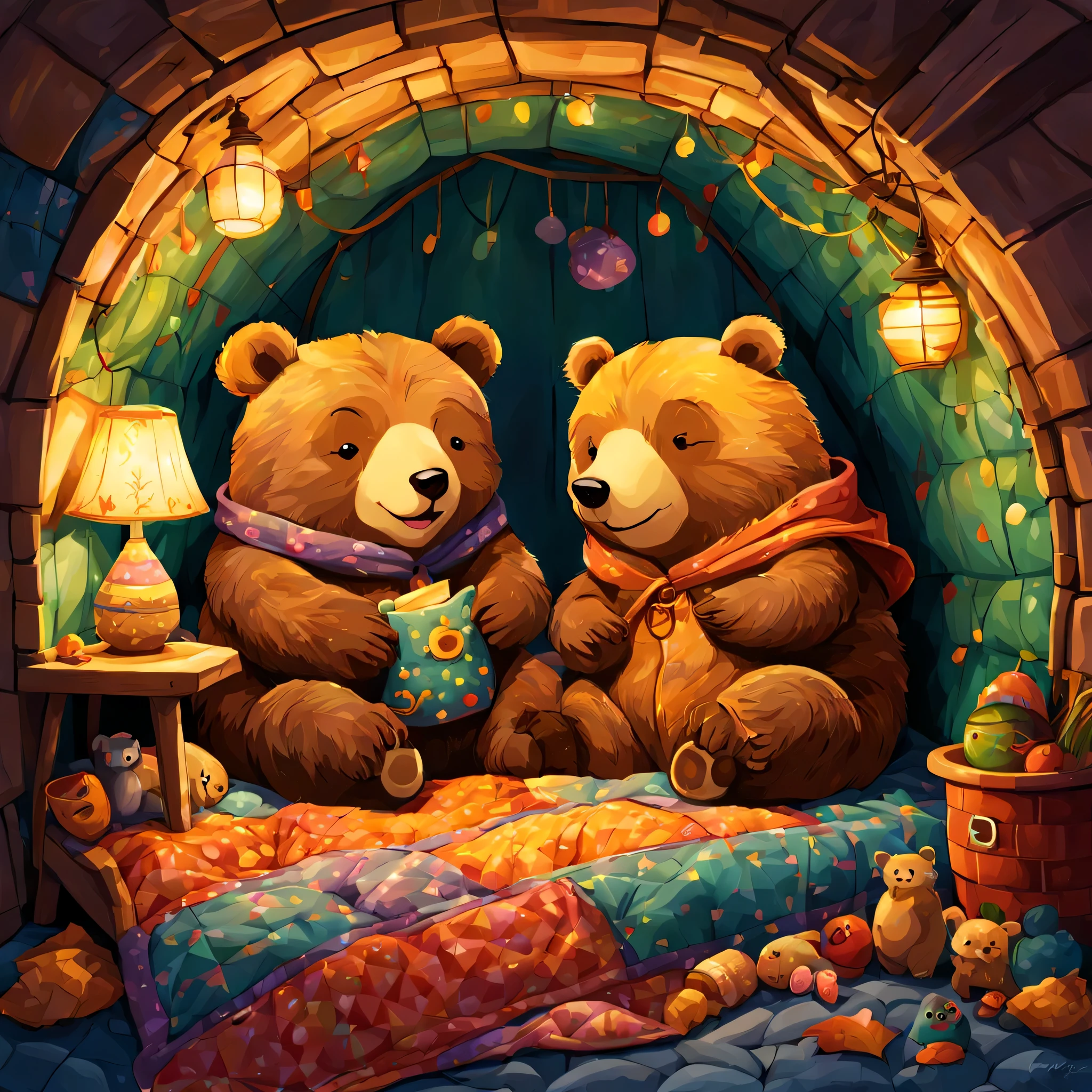 cuteAn illustration,underground,endures:In the hole,bear family:animal:hibernating,sleep,comfortable and warm,looks happy,cute,nestle,An illustration,pop,colorfulに,draw with thick lines,color,Patchwork:comforter,dim,lamp light,hibernatingのbear familyが幸せな夢を見ています,The nest is warm and full of happiness,,colorful,fancy,fantasy