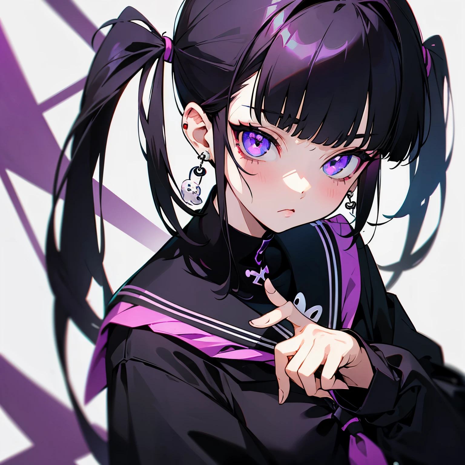 　cute subculture punk skull earrings scalp cool girl black hair twintails heavy bangs above the eyes sickly white background illustration purple-black image Sanrio Kuromi cross black sailor suit ribbon