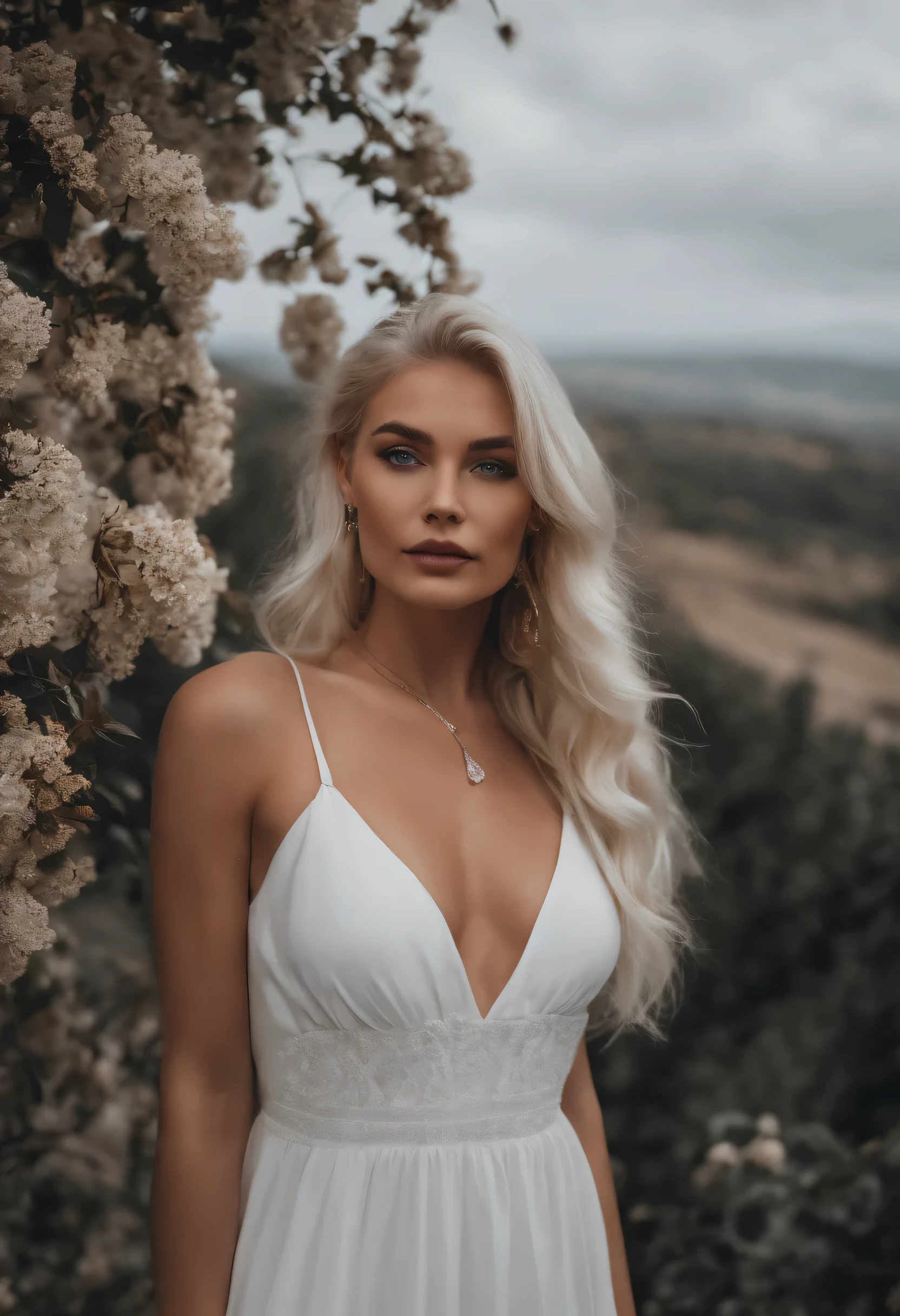 Realistic white Instagram influencer, best quality, blond, 1 girl, blaue Augen, in weiss, enger, kurzes Kleid