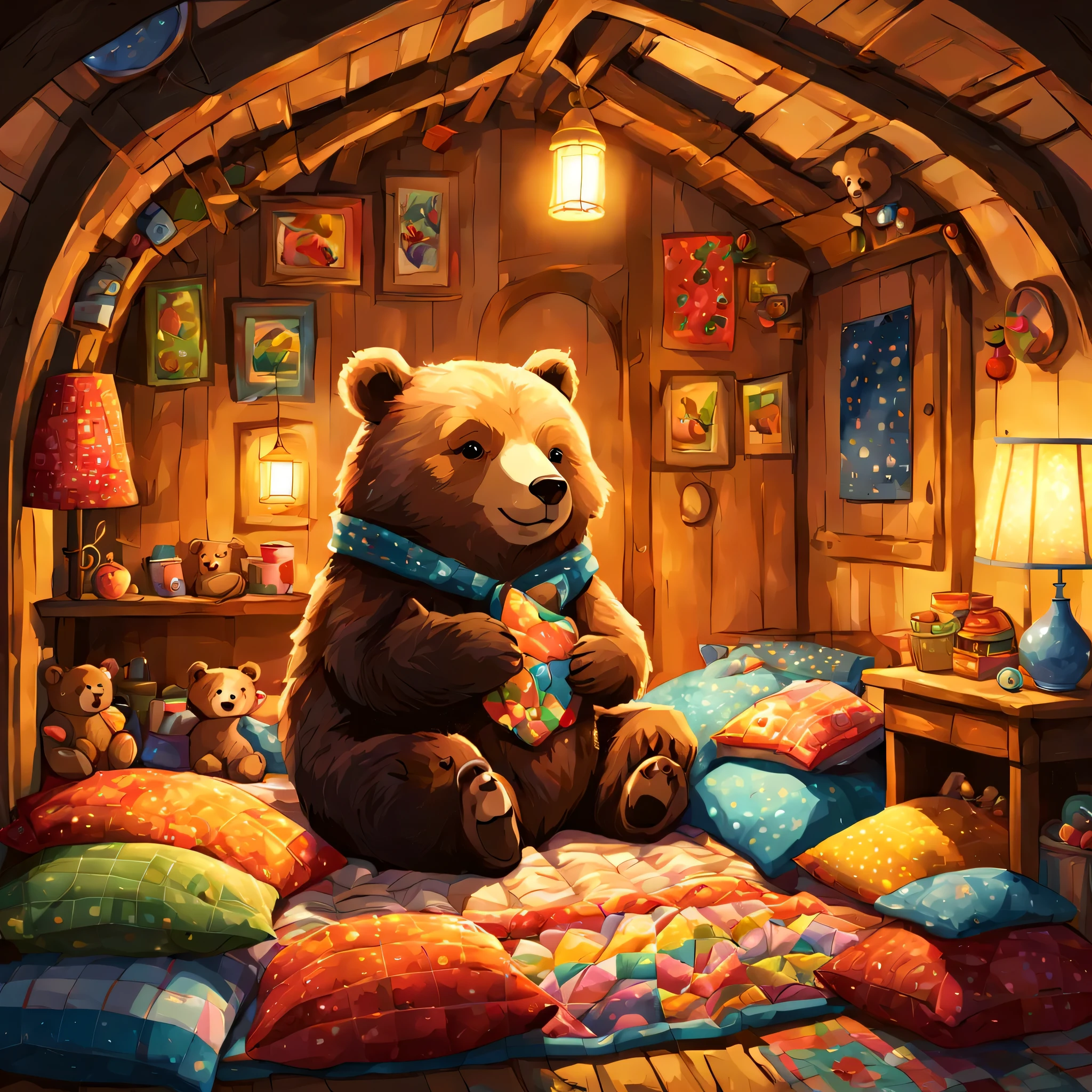 cuteAn illustration,underground,endures:In the hole,bear family:animal:hibernating,sleep,comfortable and warm,looks happy,cute,nestle,An illustration,pop,colorfulに,draw with thick lines,color,Patchwork:comforter,dim,lamp light,hibernatingのbear familyが幸せな夢を見ています,The nest is warm and full of happiness,,colorful,fancy,fantasy