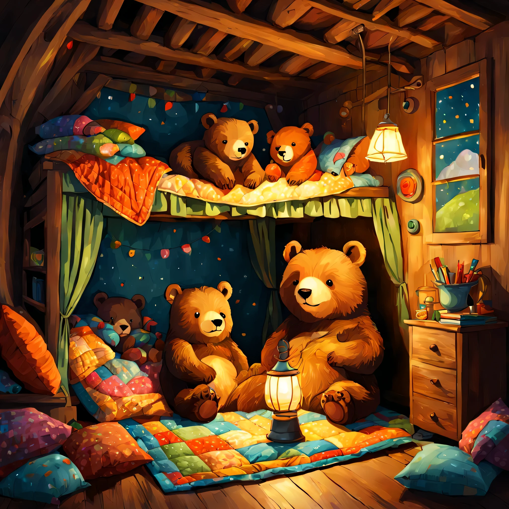 cuteAn illustration,underground,endures:In the hole,bear family:animal:hibernating,sleep,comfortable and warm,looks happy,cute,nestle,An illustration,pop,colorfulに,draw with thick lines,color,Patchwork:comforter,dim,lamp light,hibernatingのbear familyが幸せな夢を見ています,The nest is warm and full of happiness,,colorful,fancy,fantasy