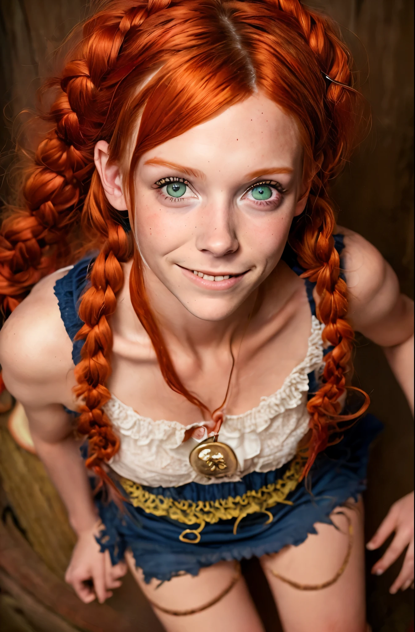 Ultra-detailed image of 18-year-old Pippi Longstocking, mischievous eyes, long red tousled and braided hair, sexual, Sloppy look, Short skirt, In Dynamic, smiling, bright colors, Intricate details of her beautiful eyes and perfect face, rim light.