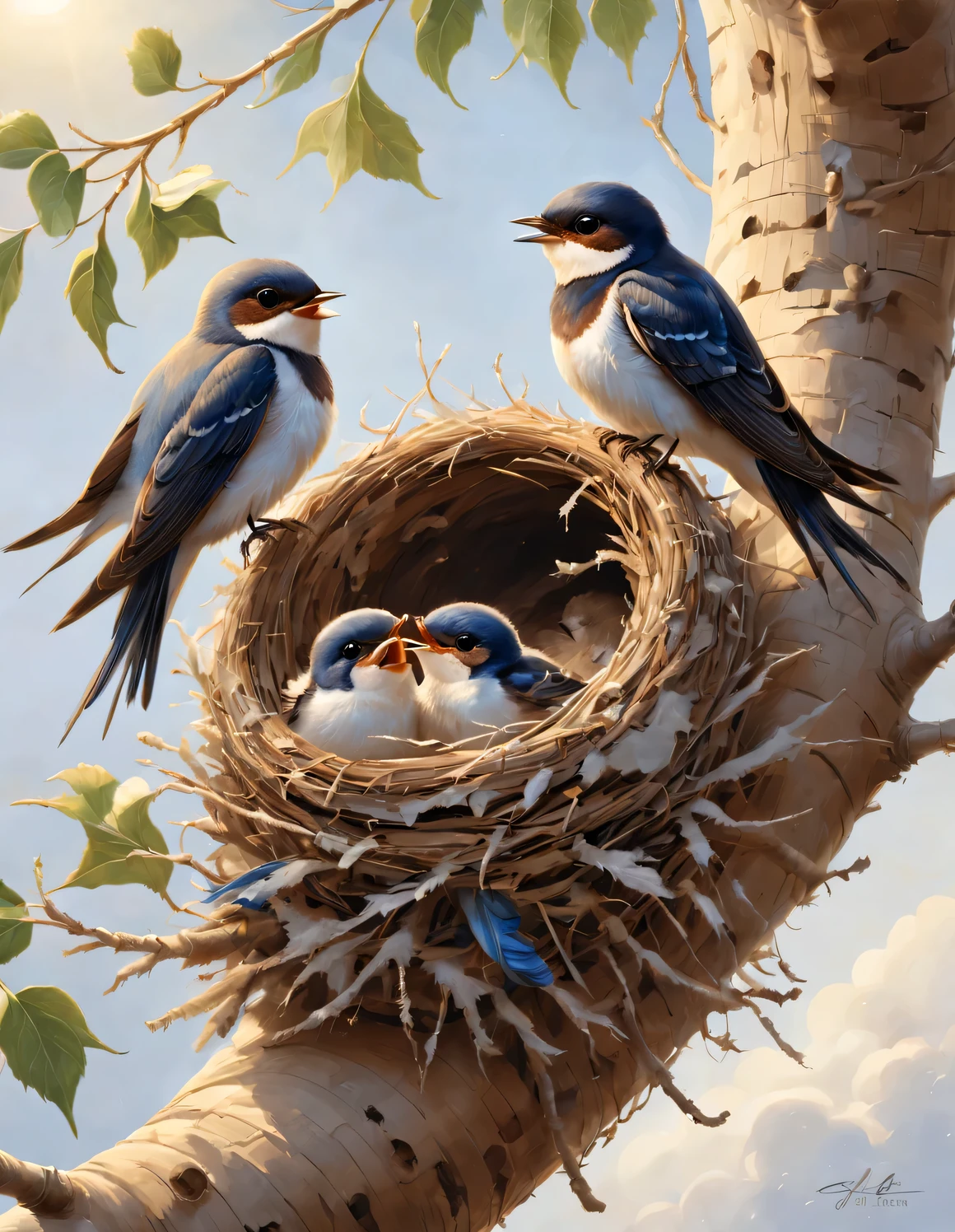 Gouache style, Beautiful detailed ，（Mother swallow is feeding the little swallow in the nest），（Two little swallows open their mouths，Use their young mouths to fight for the little bugs brought by their mothers。.），（Snowy 0.6），in the sun，The feathers of the little swallow shine with blue-black luster，Each piece is like a carefully polished gem，Exudes a charming light，
Nests are often found in human dwellings.，in the gaps between bridges and other buildings，Sometimes they also build nests in tree holes。The nest is mainly made of a mixture of mud and saliva，cup or disk，There are multiple chambers inside，Used for hatching eggs。The nest has a rough appearance，Color is gray or brown，It&#39;s smoother inside，The color is slightly lighter，background：White painted mud house