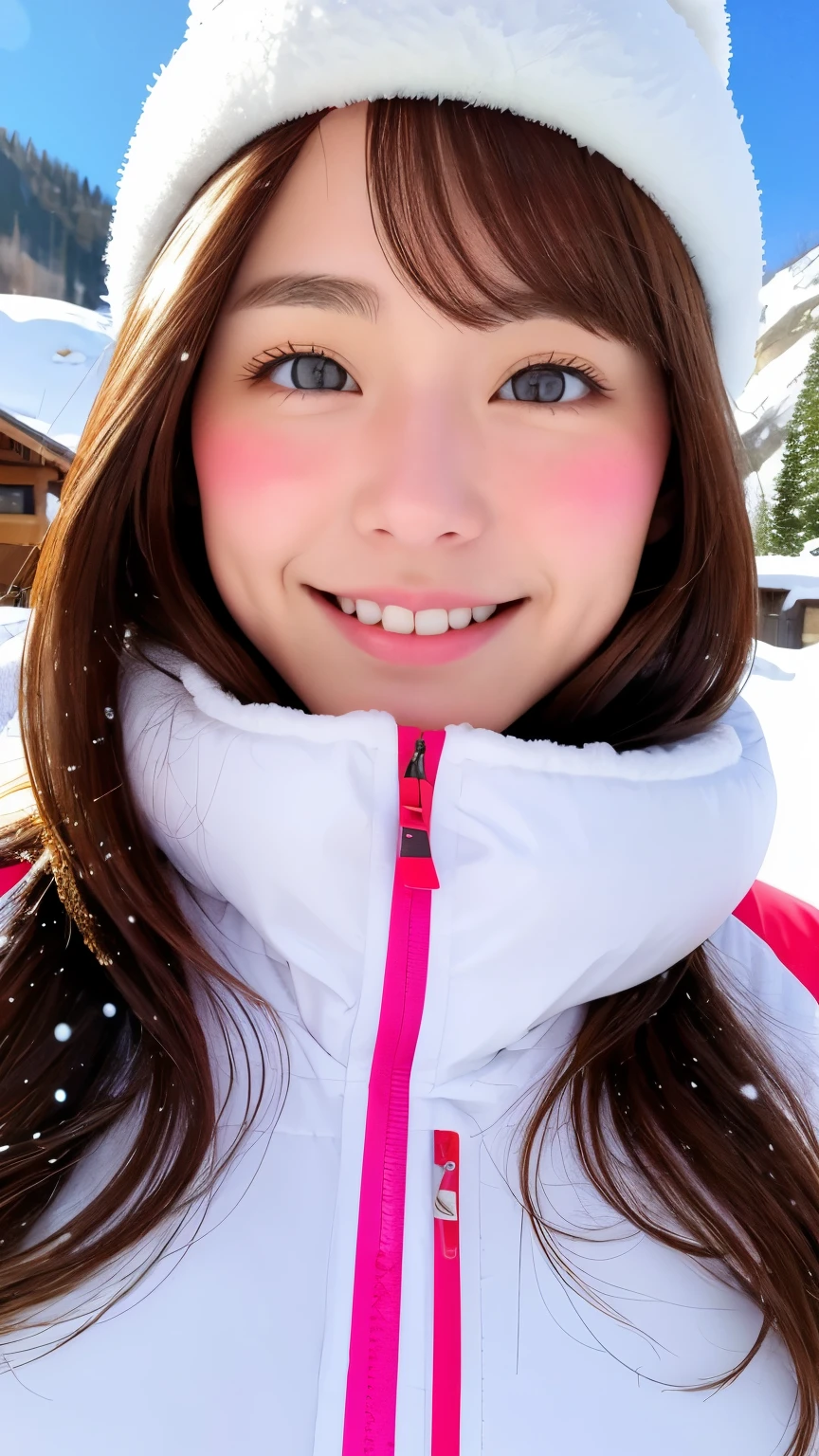 realistic, 1 girl, shining eyes, smile、brown hair、Ultra high definition、20-year-old、Ski resort、snow、ski wear、big breasts、goggles、beautiful eyes、snow board
