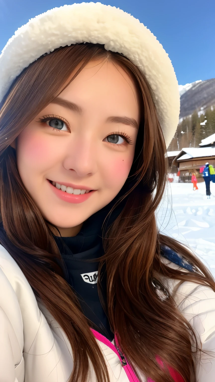 realistic, 1 girl, shining eyes, smile、brown hair、Ultra high definition、20-year-old、Ski resort、snow、ski wear、big breasts、goggles、beautiful eyes、snow board