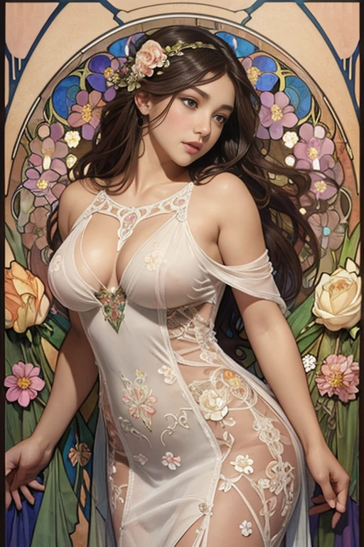 ((Naked flowers costumes)),(masterpiece), best quality, expressive eyes, perfect face,
((mucha art style:1.3)),
((Solo girl:1)),(huge-breasted),chubby,hyper muscle, (((whole body))), view straight on, Close-up of people, dynamic pose,shiny_skin, girl, woman, female, Authentic and detailed face,
((Detailed flower dress,see through dress:1,long dress,beautiful detail flowers :1.) (overexposure flowers dress:1),Flowers,detail ribon, beautiful ribon, skin foundation,lace hairs
,shiny skin,