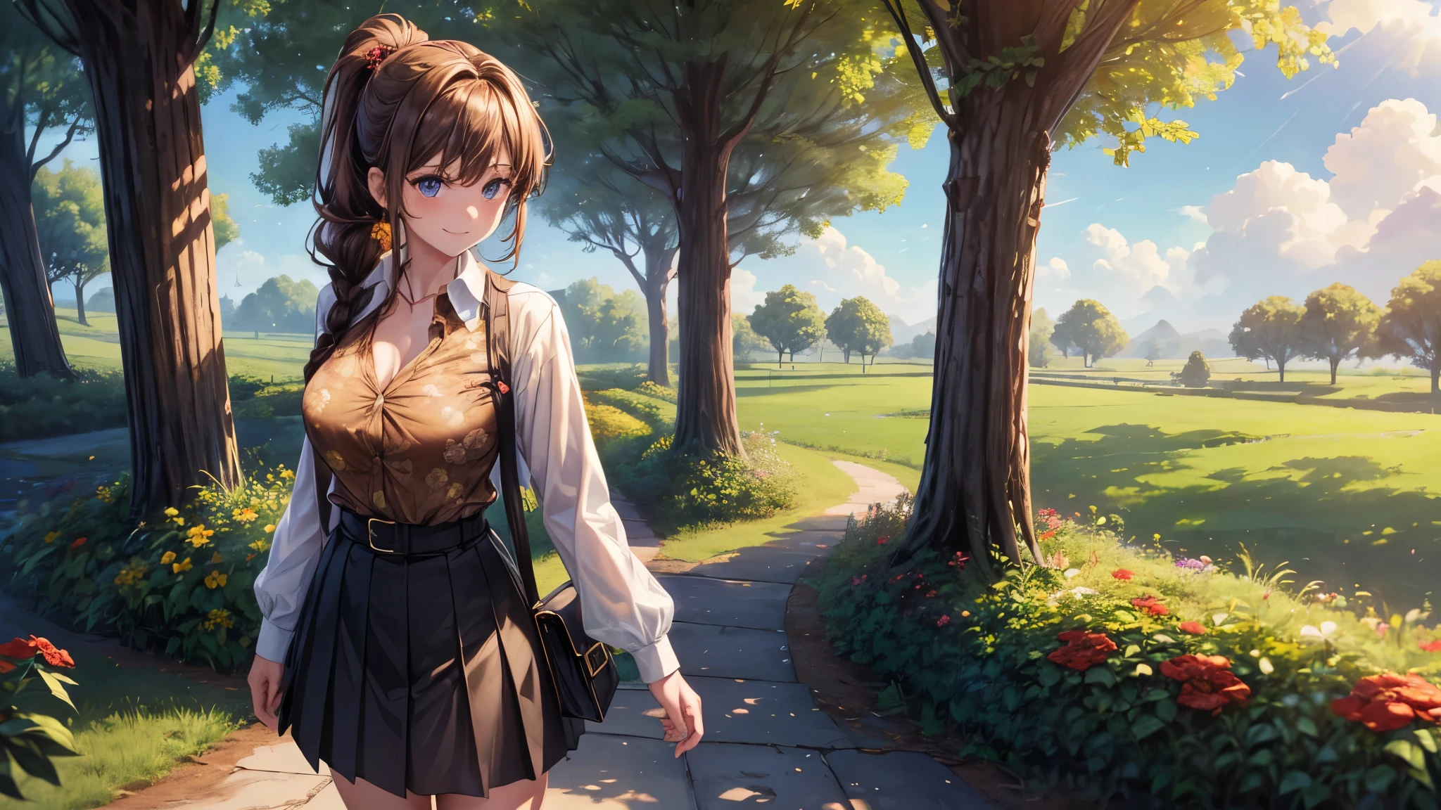 1girl, full body, solo, village, trees, sun, clouds, brown hair, long hair, curly hair, ponytail, large breasts, button down shirt, ((black floral pattern shirt)), ((unbuttoned shirt)), blue eyes, ((short sleeved shirt)), red and black skirt, grin, looking at the viewer, ((standng)), hair ribbon, golden necklate