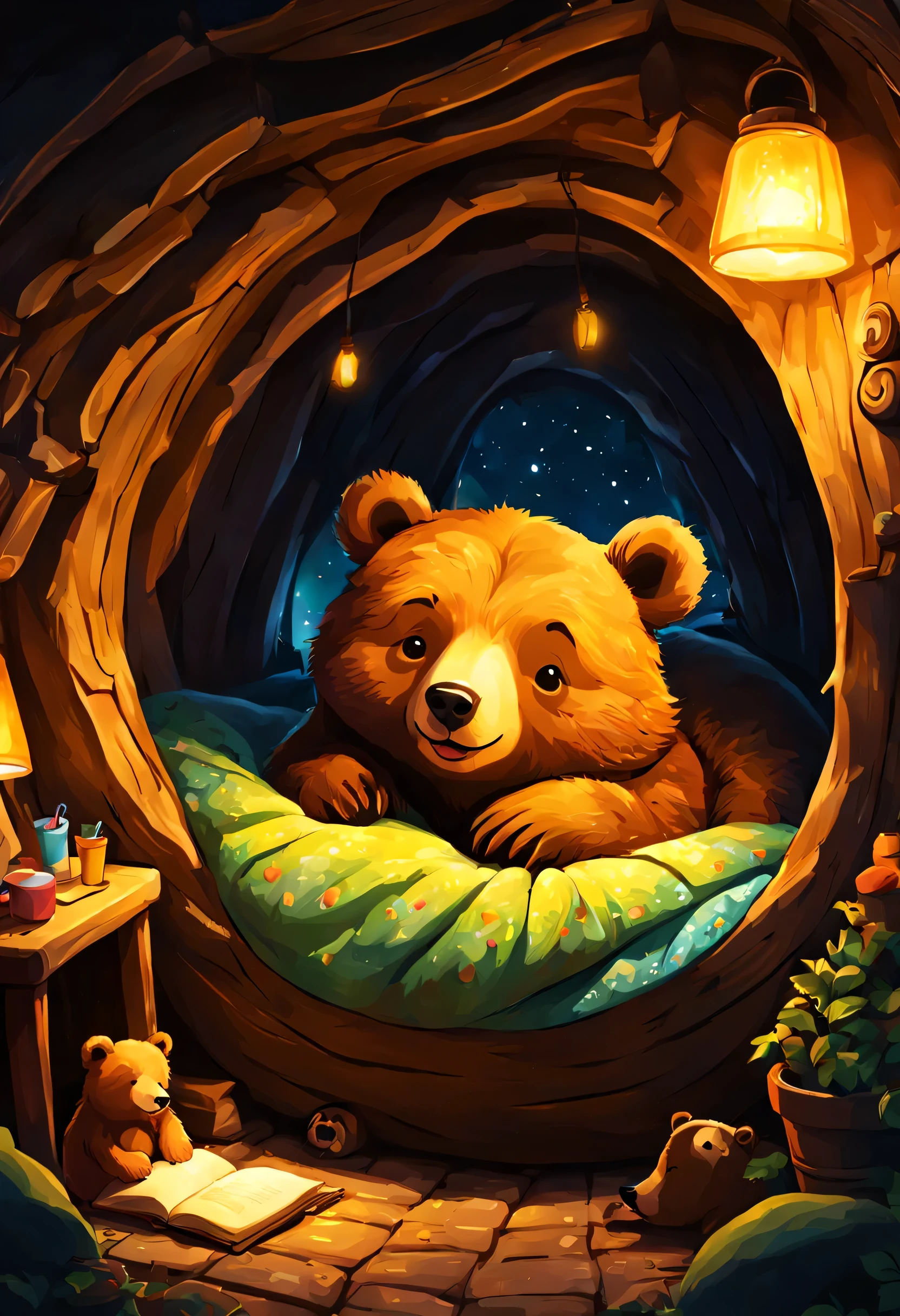 cuteAn illustration,underground:endures:In the hole,bear family:animal:hibernating,sleep,comfortable and warm,looks happy,cute,nestle,An illustration,pop,colorfulに,draw with thick lines,color,dim,lamp light,hibernatingのbear familyが眠っています:dream a happy dream,The nest is warm and full of happiness,,colorful,fancy,fantasy