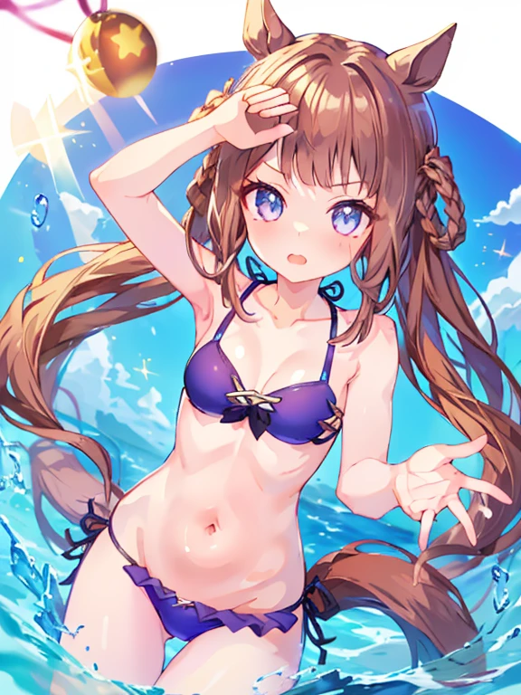 NSFW,beautiful illustrations、Masseter muscle part, (masterpiece、highest quality、8K ),intricate details,super detailed,soft focus、 Sweep Tosho\(umamusume\)、、14 years、cute face,topless、sparkling eyes、sparkling eyes、Navel exposed、(((cute bikini)))、cute pose,