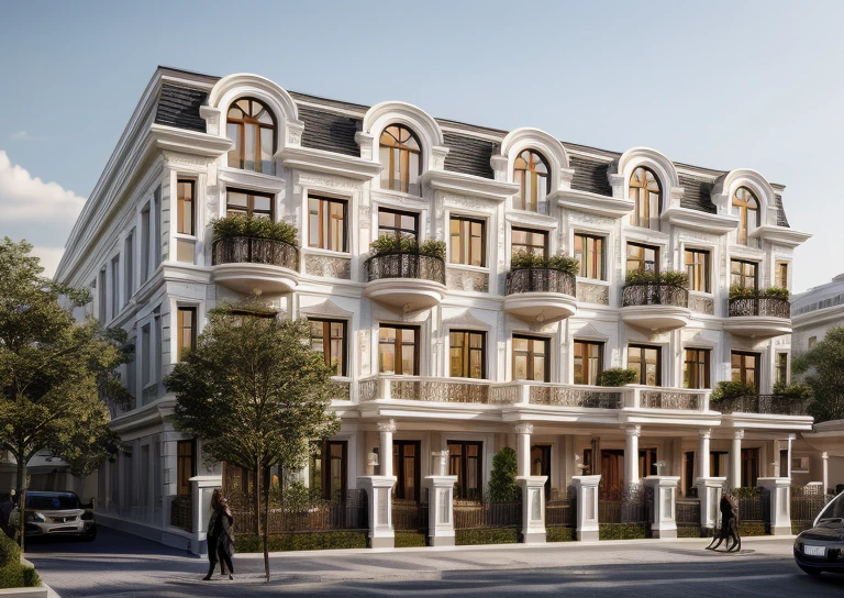 A beautiful Neo-classic exterior design that resembles life. The colors are vivid, with a wide range of tones to enhance the overall visual experience. The scene is set in a natural landscape, blending harmoniously with the surrounding environment. The architecture stands tall, reflecting the beauty of the Neo-classic style. The structure features intricate carvings, elegant columns, and grand entrances, giving it a sense of grandeur and sophistication. The composition is carefully arranged, with a balanced and visually appealing layout. The artwork is a true masterpiece, reflecting the talent and skill of the artist in capturing the beauty of the Neo-classic style, ((beautiful sky and cty background detail)), (best quality,8k,highres,masterpiece:1.5),ultra-detailed,(realistic,photorealistic,photo-realistic:1.5), The ambient lighting highlights the textures and details, creating a stock photo-like atmosphere, best quality, (((Best Quality: 1.5))), ((Super Detail: 1.5))(straight strokedetail:1.3), (Intricate lines:1.5), ((Photorealism:1.5)),(((hyper detail:1.5))), archdaily, award winning design, (dynamic light:1.5), (day light:1.5), (perfect light:1.5), Balcony ceiling lights, (light bulbs: 1.5), (shimering light :1.5), refection glass windows, trees, beautiful sky, photorealistic, FKAA, TXAA, RTX, SSAO, Post Processing, Post-Production, CGI, VFX, SFX, Full color,((Unreal Engine 5)), Canon EOS R5 Camera + Lens RF 45MP full-frame CMOS sensor, HDR, Realistic,8k,((Unreal Engine 5)), Cinematic intricate detail, extreme detail, science, hyper-detail, FKAA, super detail, super realistic, crazy detail, intricate detail, nice color grading, reflected light on glass, eye-catching wall lights, unreal engine 5, octane render, cinematic, trending on artstation, High-fidelity, Viwvid, Crisp, Sharp, Bright, Stunning, ((Lifelike)), Natural, ((Eye-catching)), Illuminating, Flawless, High-quality,Sharp edge rendering, medium soft lighting, photographic render, detailed archviz