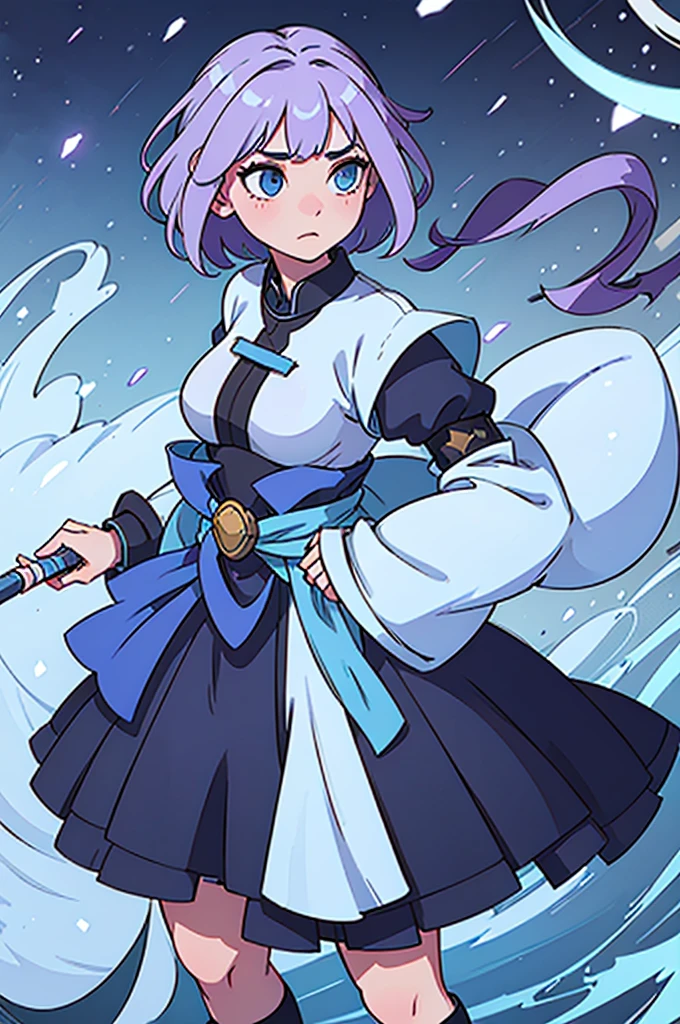A girl with fair skin. Her figure, busty, lush, The Right Direction, Short light blue-purple hair, Semi-purple, Half-blue eyes, длинная textile похожая на накидку, wrapped around the waist, blue short sleeve shirt, textile, wrapped around the waist, Digital illustration, highest detail, Digital art, Knight armour, Baggy Puffy Pants, slippers, textile, wrapped around the waist. holding a staff.