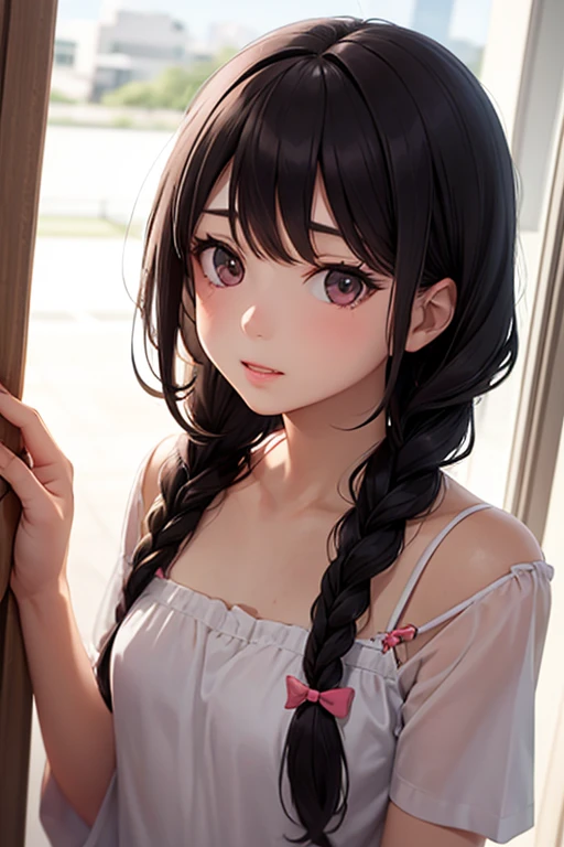 During a big concert, idol (soft attractive beautiful, Delicate clavicle, oval face, Double eyelids, intelligent peach blossom eyes, Pink lips, small nose), unforeseen incident. Surprisingly, Aiko Tanaka (a simple girl with braided hair), who had stepped aside to respect the idol's limits, courageously intervened to resolve the situation.