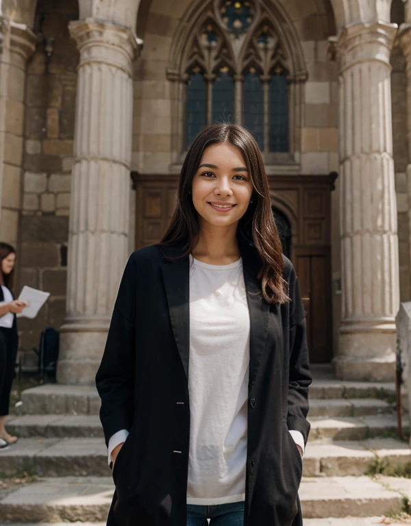 A woman dressed in comfortable clothes in front of an ancient church she is happy