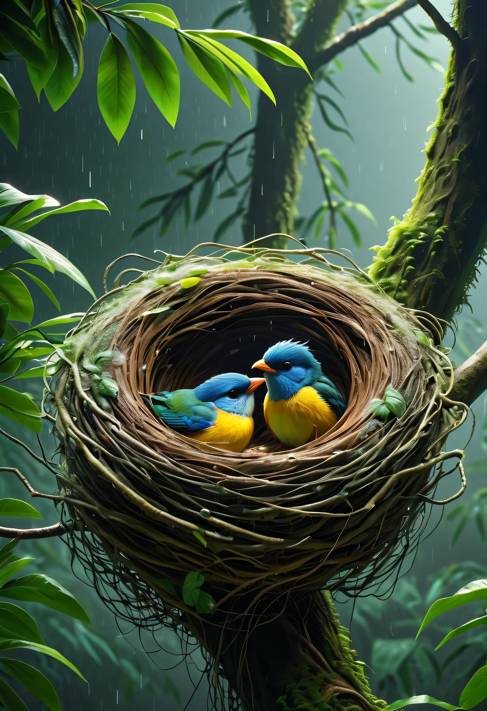 （best quality，4K，8k，high-rise，masterpiece：1.2），Super fine，lifelike，focus，human development report，ultra high definition，studio lighting，main，bright colors，复杂的Nest穴，artificial bird&#39;Nest穴 in the rainforest，transparent bird&#39;Nest穴，Nest，Tree上的透明Nest穴：1.37，（（Tree，beautiful birds，colorful bird，筑Nest的鸟：1.37）），rain，