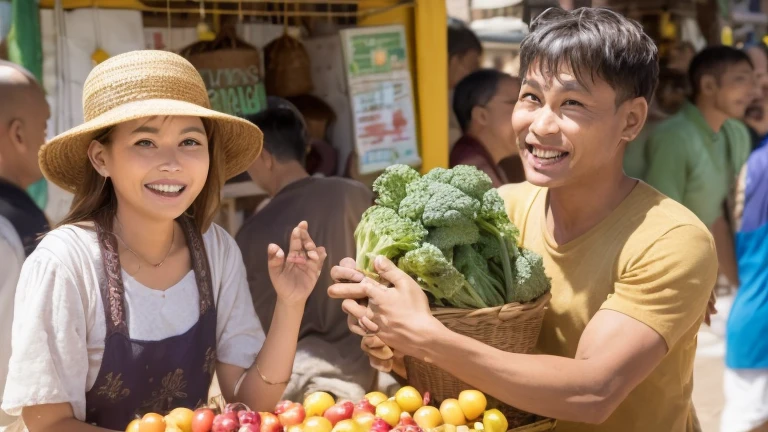 Lora and here man speaking happily with the people in the market behind them someone selling vegetables 