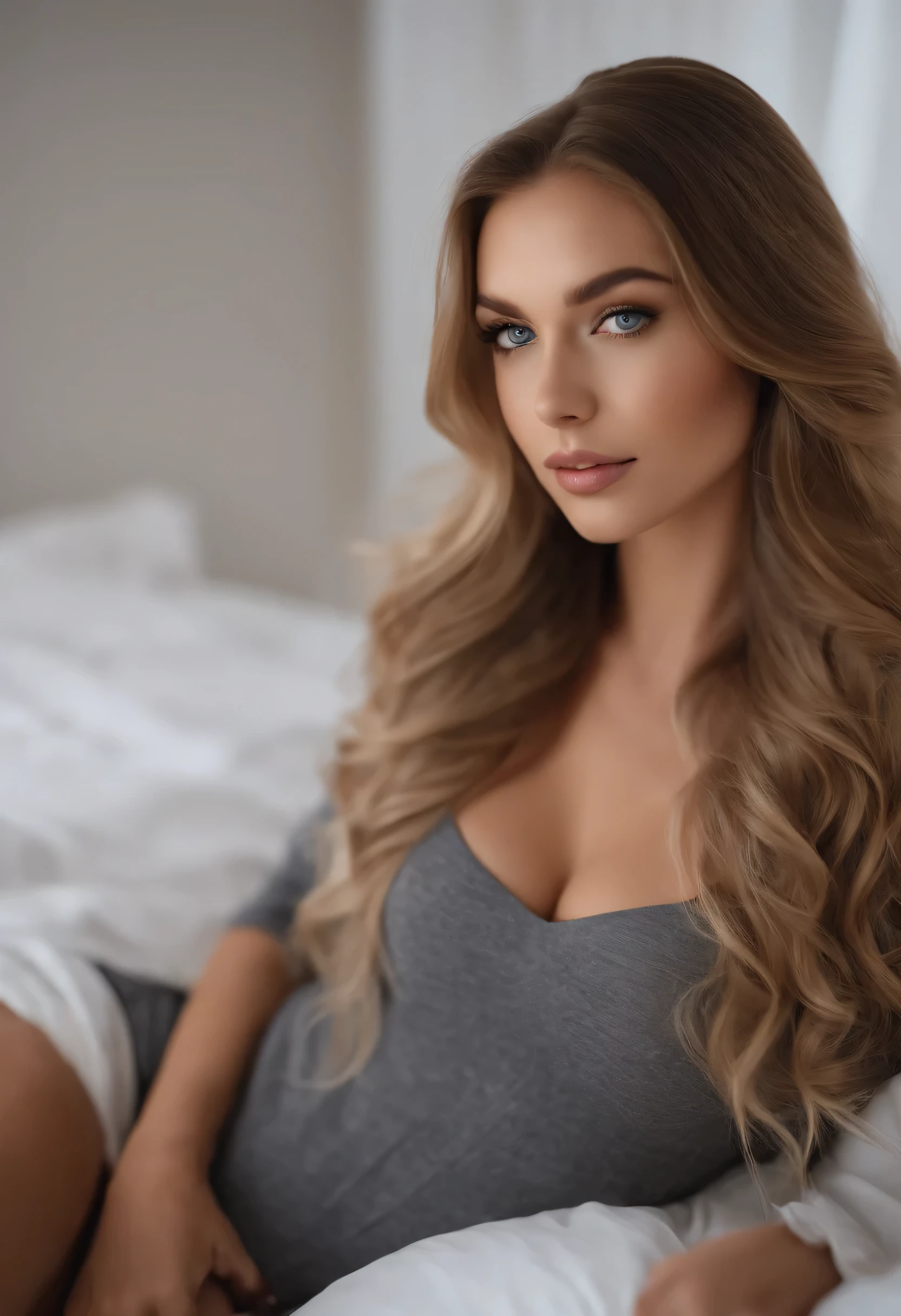 arafed frau voll , Sexy girl with blue eyes, Ultrarealistisch, Akribisch detailliert, Portrait of Sophie Mudd, blonde hair and big eyes, Selfie einer jungen Frau, Schlafzimmer Augen, Violet Myers, ohne Makeup, natural makeup, direkt in die Kamera schauen, Gesicht mit Artgram, dezentes Make-up, breathtaking full body shot, kniend auf dem Bett, im Schlafzimmer, medium to large bust size