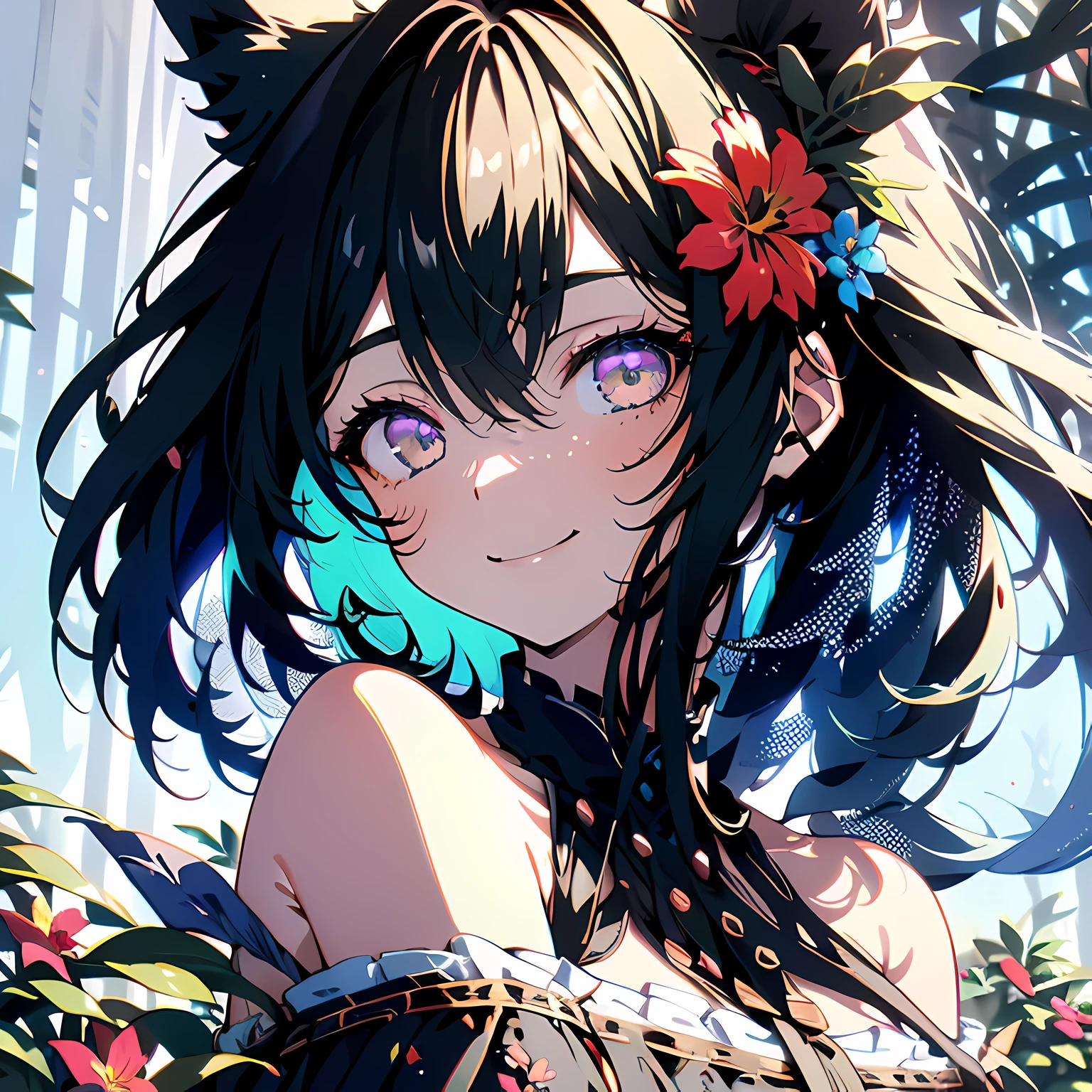 1 girl, flower, long hair, Eye, Smile, animal ears, Upper body, Tree, medium breasts, black hair, masterpiece, best quality,