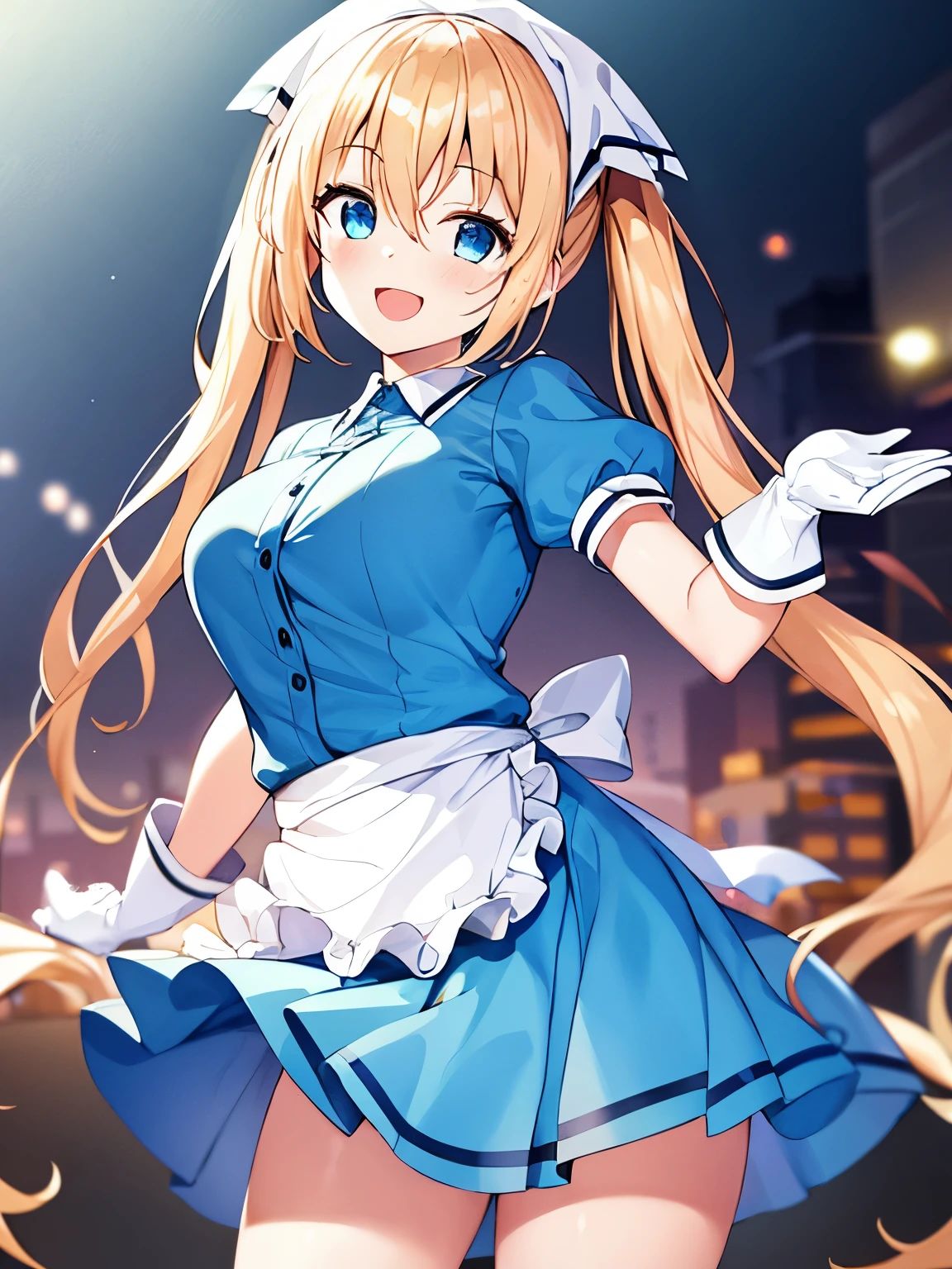 1 girl, (Chiquita:1.2), Kaho Hinata, twin tails, head scarf, waitress, frills, blue shirt, waist apron, Puffy short sleeves, blue skirt,thighs, white gloves, 

(highest quality, High resolution, 4K, detailed lighting, shader, NSFW), 

smile,