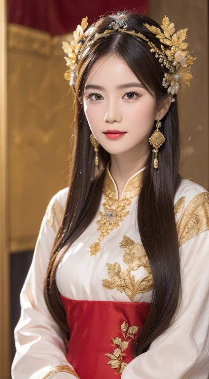 1 27-year-old girl, 1 zodiac goddess from the future, 12 zodiac goddess pink purple, 12 zodiac goddess ao dai thin sexy yellow deep slit chest, 12 zodiac ao dai many details black lace deep slit chest, goddess mythology 12 zodiac from the future, zodiac , luxury glittering zodiac style, dark and mysterious version, zodiac crown, red lipstick, thin and pretty lips, don't smile, keep your mouth shut, character created by karol bak and pino daeni, intricate details, detailed background, extremely detailed, light magic, one person woman, perfect face, clear face, look at the face of the goddess of the zodiac, Blums boods, Big and round breasts, long hair with flat bangs, beautiful detailed face and well-proportioned eyes, (yellow eyes: 1.8), big round eyes and very beautiful and meticulous makeup, visionary, wearing a long silk shirt, mysterious makeup, flat bangs and dyed light blonde, the upper half of the body is a goddess the zodiac sign on the body, arms hanging down, Real and vivid images, (the stars that make up the zodiac: 1.7), (the zodiac sign in the sky background and the broken gate of space and time, texture: 1.8), fiction art, RAW photo, hanfu photo, best photo, highest resolution, best quality, best photo quality, 8k quality, 8k extreme, super realistic, most realistic photo, 12 zodiac goddess portrait art, 1 symbol of 12 zodiac behind, single goddess portrait 1 zodiac sign, Most realistic color scheme, best photo color, masterpiece , hair decoration, necklace, jewelry, Pretty face, upper body, tyndall effect, photo realistic, dark studio, border light, bright two tones, (high detail skin: 1.2), 8k uhd, dslr, soft light, high quality, volumetric light, realistic, snapshot, high resolution, 4k quality, 8k, bokeh, Smooth and sharp, 10x pixel increments , Female sexy zodiac goddess, sexy zodiac goddess,