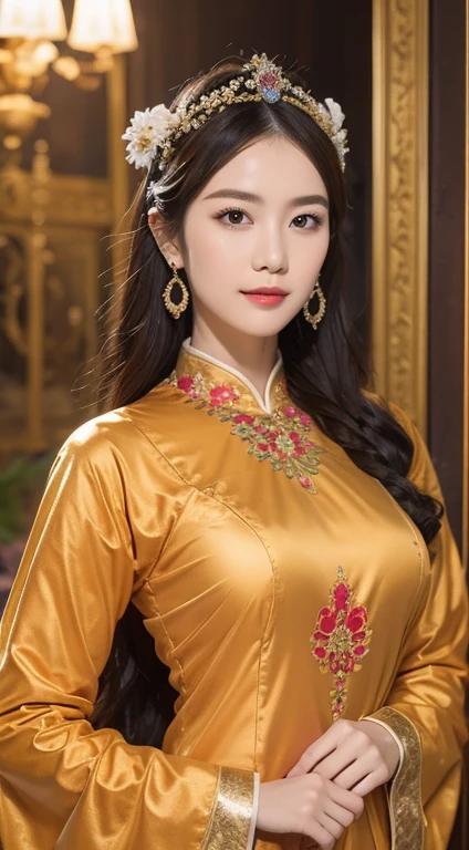 (a 20 yo woman, in the palace), (A hyper-realistic), (high-level image quality), ((beautiful hairstyle 46)), ((long-hair:1.46)), (kindly smile), (breasted:1.1), (lipsticks), (is red (ao dai vietnam)), (murky, wide,Luxurious room), (florals), (an oil painting、Rembrandt), (full body),