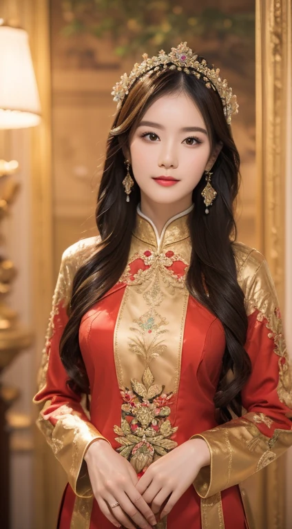 (a 20 yo woman, in the palace), (A hyper-realistic), (high-level image quality), ((beautiful hairstyle 46)), ((long-hair:1.46)), (kindly smile), (breasted:1.1), (lipsticks), (is red (ao dai vietnam)), (murky, wide,Luxurious room), (florals), (an oil painting、Rembrandt), (full body),