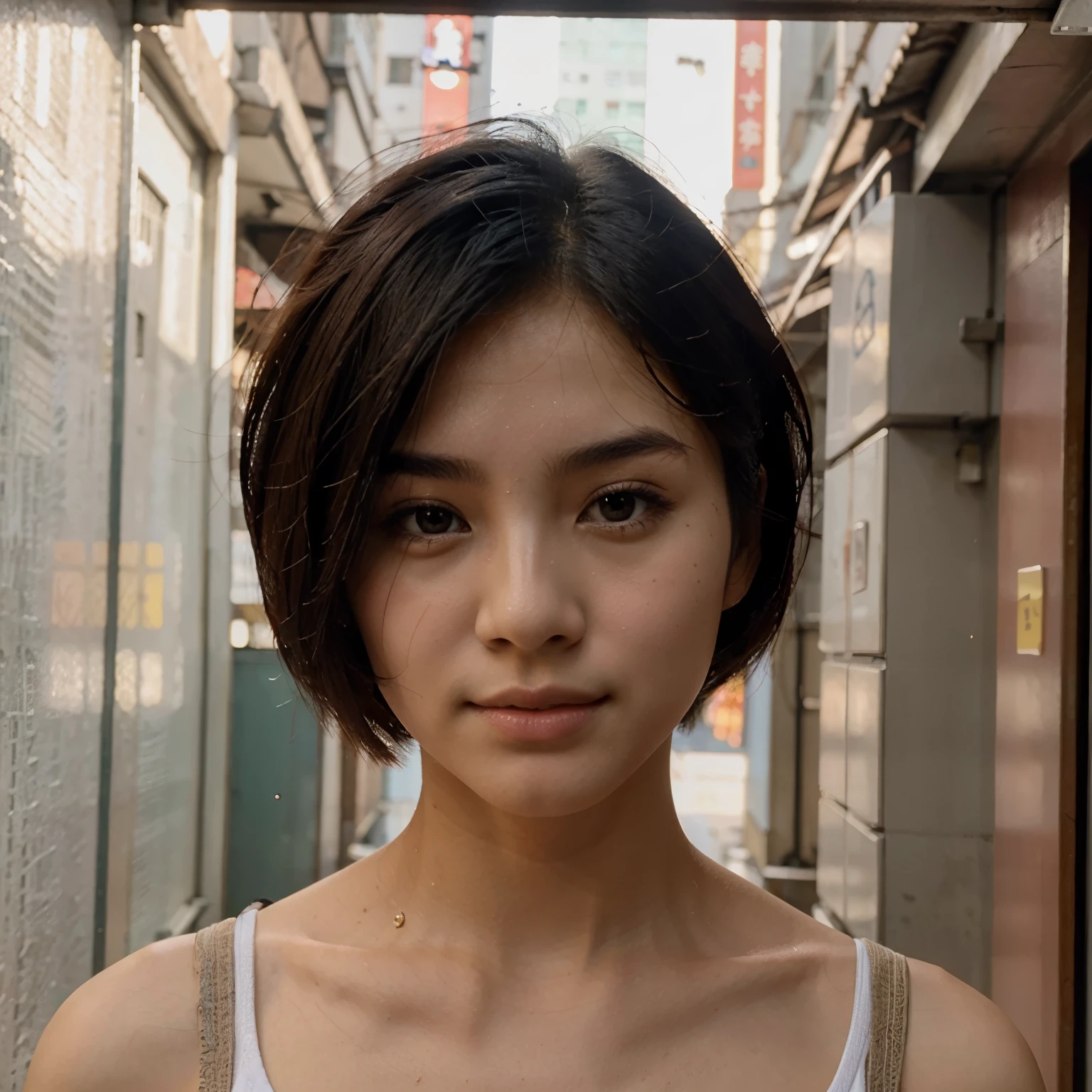20 years old hong kong handsome girl, small eyes, beautiful face, closeup selfie, one-length short hair