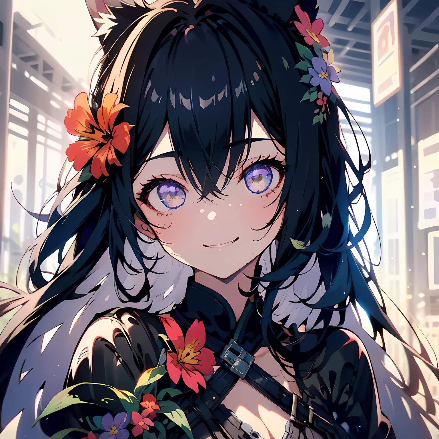 1 girl, flower, long hair, Eye, Smile, animal ears, Upper body, Tree, medium breasts, black hair, masterpiece, best quality,