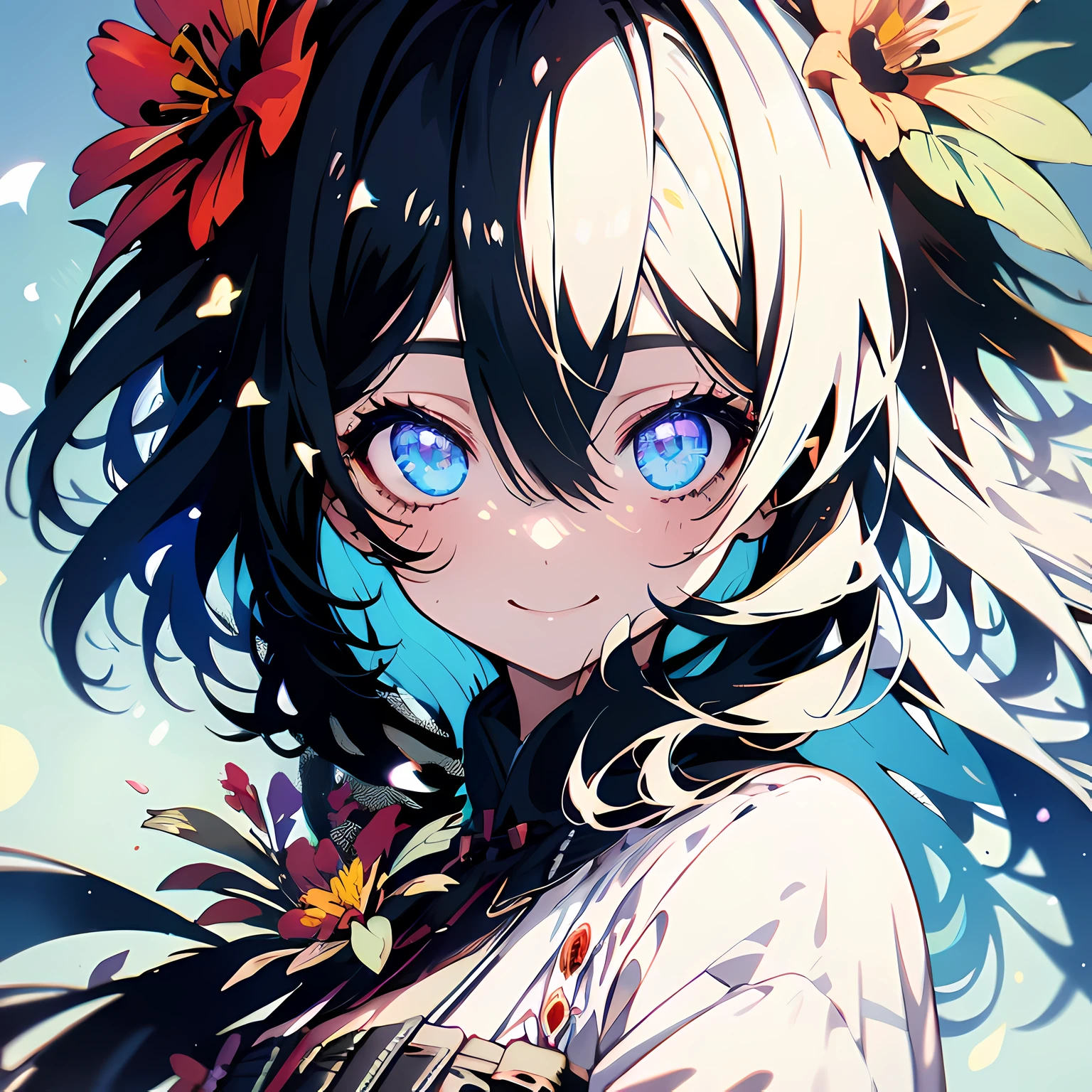 1 girl, flower, long hair, Eye, Smile, animal ears, Upper body, Tree, medium breasts, black hair, masterpiece, best quality,