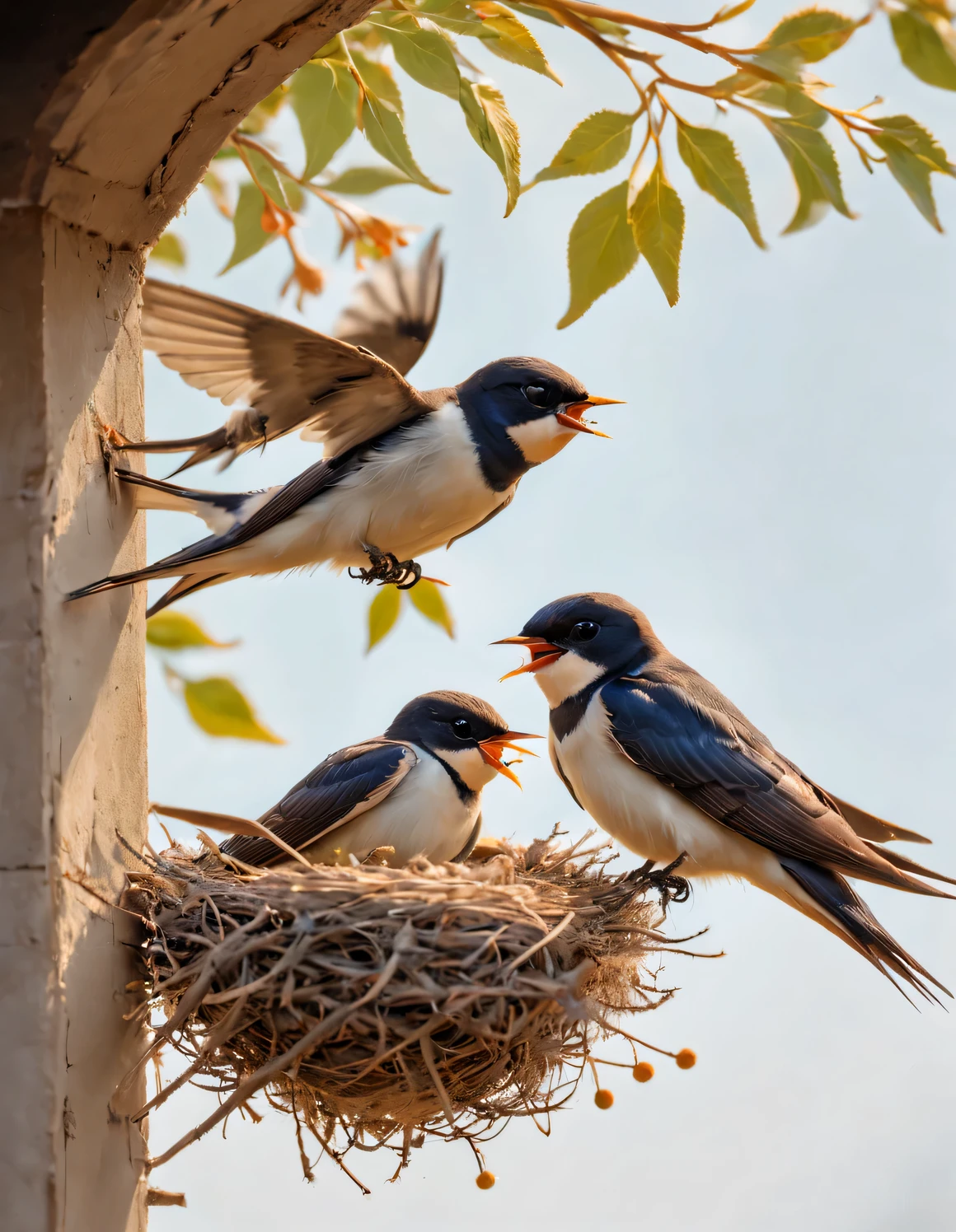 Gouache style, Beautiful detailed ，（Mother swallow is feeding the little swallow in the nest），（Two little swallows open their mouths，Use their young mouths to fight for the little bugs brought by their mothers。.），The air is full of the breath of spring，Mixed with the fragrance of earth and the freshness of life，in the sun，The feathers of the little swallow shine with blue-black luster，Each piece is like a carefully polished gem，Exudes a charming light，
Nests are often found in human dwellings.，in the gaps between bridges and other buildings，Sometimes they also build nests in tree holes。The nest is mainly made of a mixture of mud and saliva，cup or disk，There are multiple chambers inside，Used for hatching eggs。The nest has a rough appearance，Color is gray or brown，It&#39;s smoother inside，The color is slightly lighter，background：White painted mud house