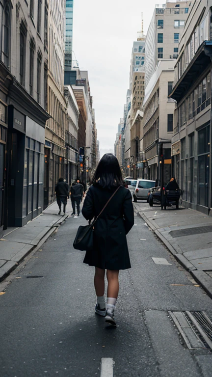 A girl  walking on the street behind here huge buildings 