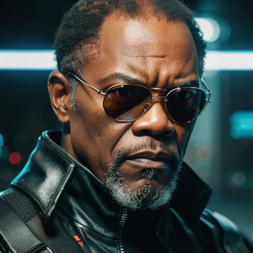 ((masterpiece, highest quality, hires, amazing detail, 8k, best quality)), cinematic, portait, closeup shot of middle aged man / Samuel l jackson/, wearing highly damaged battlesuit, perfect facial hair, scars, cybernetic implants, mirrorshades, in the artstyle of shirow masamune, ghost in the shell, gantz, gritty, cyberpunk background, dynamic colours