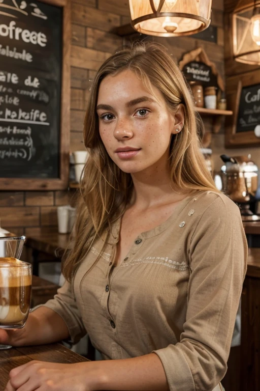 best quality,ultra-detailed,realistic:1.37,portrait,blonde girl,beautiful detailed eyes,beautiful detailed lips,freckles,cafe interior scene,wooden tables and chairs,soft lighting,coffee cups,barista behind the counter,detailed facial expression,peaceful atmosphere,vivid colors,subtle warm color tone