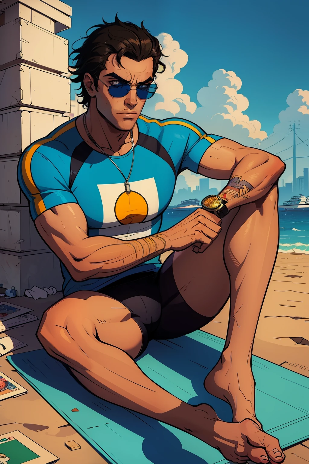 Masterpiece of best quality, featuring a suntanned, young man in sports clothing, sitting barefoot with one leg crossed, from a simple background displaying a logo. His unruly, messy medium hair is disheveled and his bright sunglasses hide his expressive eyes from view. The illustration boasts a vibrant color palette, reminiscent of the Grand Theft Auto artstyle, with a cartoonish and artistic aesthetic, embodying the spirit of the GTA 5 game.