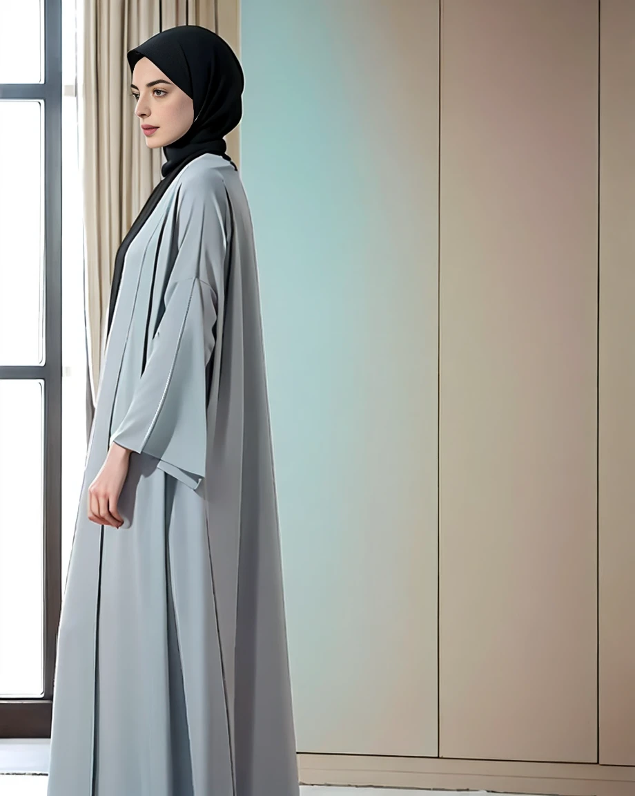 anne hathaway wearing hijab and pastel color abaya, 3/4 view, masterpiece