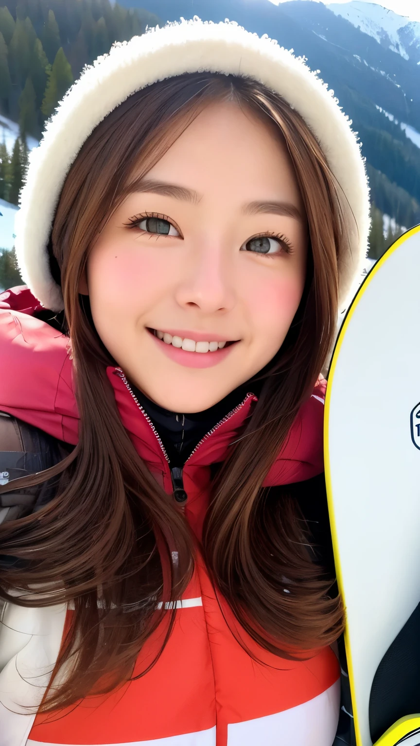 realistic, 1 girl, shining eyes, smile、brown hair、Ultra high definition、20-year-old、Ski resort、snow、ski wear、big breasts、goggles、beautiful eyes、snow board