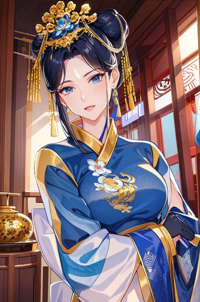 Best quality，tmasterpiece，16k,A 40-year-old woman，blue_clothes,Women pay attention to beautiful Chinese style clothes，natta，rays of moonlight，Asian architecture，