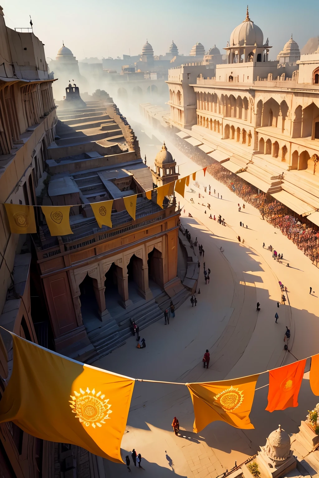 In the vibrant heart of Ayodhya city, where history and culture intertwine, produce striking high-resolution pictures that capture the essence of this magnificent place. The landscape comes alive with an abundance of Kesari flags, their golden hue fluttering gently in the breeze. Their vivid presence against the backdrop of the city paints a breathtaking sight, symbolizing the deep-rooted traditions and spiritual heritage of Ayodhya.
As you wander through the streets of this culturally rich city, the Kesari flags dance gracefully in the wind, creating a mesmerizing scene. The broad view encapsulated in your images invites the viewer to explore the depth