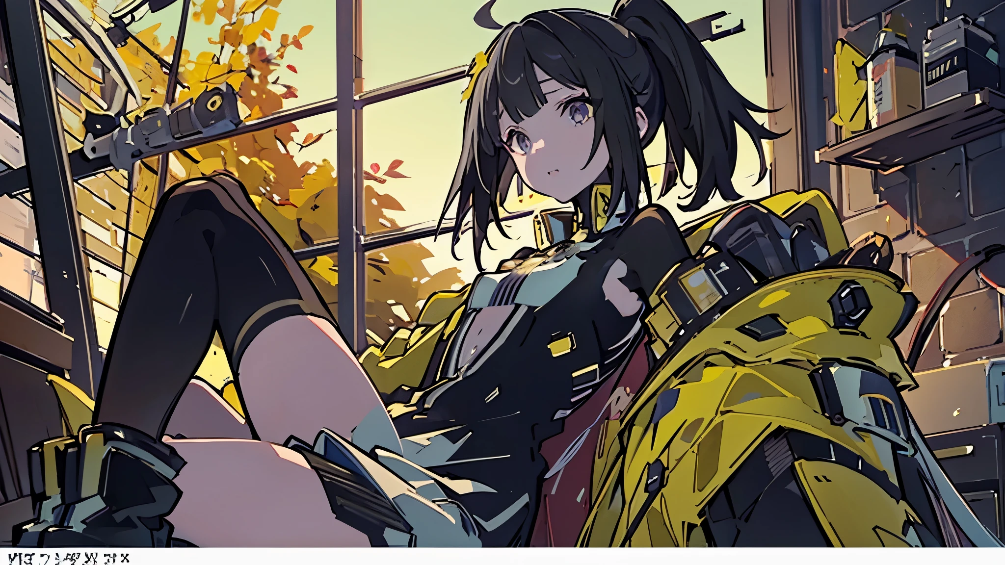 SIRIS, yellow_tactical_jacket, bodysuit_under_clothes, black_gloves, uneven_legwear, thigh_strap, hair_ornament, black_boots, black_hair, ponytail, ahoge, yellow_eyes, Battlefield, Mech, Robot, Debris, ((Best quality)), ((masterpiece)), 3D, HDR (High Dynamic Range),Ray Tracing, NVIDIA RTX, Super-Resolution, Unreal 5,Subsurface scattering, PBR Texturing, Post-processing, Anisotropic Filtering, Depth-of-field, Maximum clarity and sharpness, Multi-layered textures, Albedo and Specular maps, Surface shading, Accurate simulation of light-material interaction, Perfect proportions, Octane Render, Two-tone lighting, Wide aperture, Low ISO, White balance, Rule of thirds,8K RAW, Aura, masterpiece, best quality, Mysterious expression, magical effects like sparkles or energy, flowing robes or enchanting attire, mechanic creatures or mystical background, rim lighting, side lighting, cinematic light, ultra high res, 8k uhd, film grain, best shadow, delicate, RAW, light particles, detailed skin texture, detailed cloth texture, beautiful face, (masterpiece), best quality, expressive eyes, perfect face,nikkeredhood,hair over one eye,marian,Scarlet (nikke),hellsparadise style,fuyumi